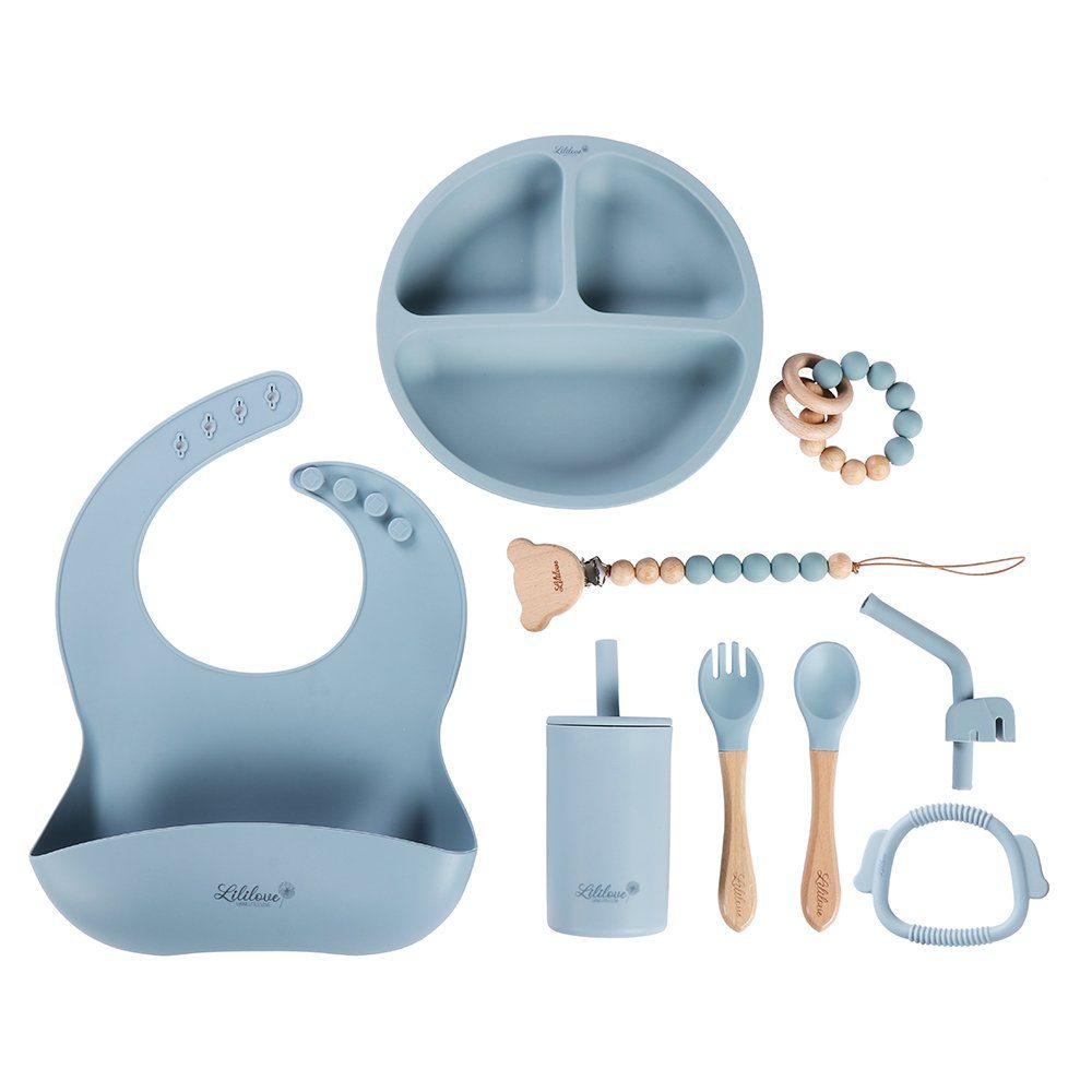 in Aus Blau (Baby/ Geschenkset Lililove 100% Dining Neugeborenen-Geschenkset Fine Lebensmittelqualität, Kleinkinder Box 9-teilig) antibakteriell Silikon Set Geschirr