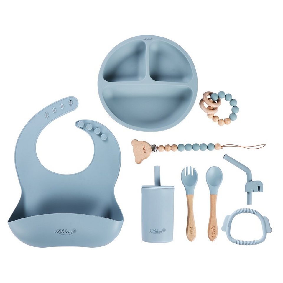 Lililove Geschenkset Neugeborenen-Geschenkset Fine Dining Box Blau (Baby/  Kleinkinder Geschirr Set 9-teilig) Aus 100% Silikon in  Lebensmittelqualität, antibakteriell