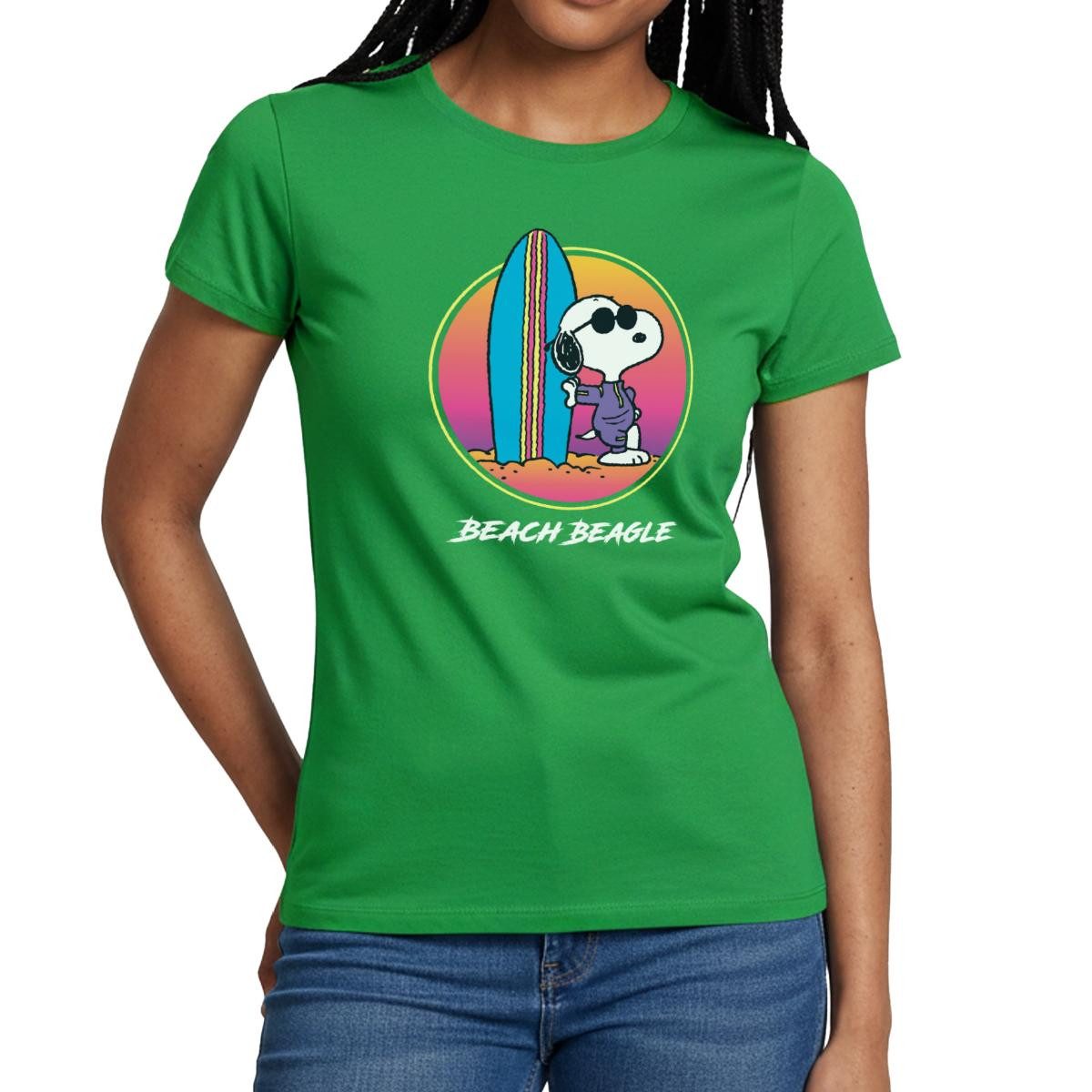 Spreadshirt T-Shirt Peanuts Snoopy Cool Surfen Strand Urlaub Frauen T-Shirt (1-tlg) Slim Fit, fällt klein aus