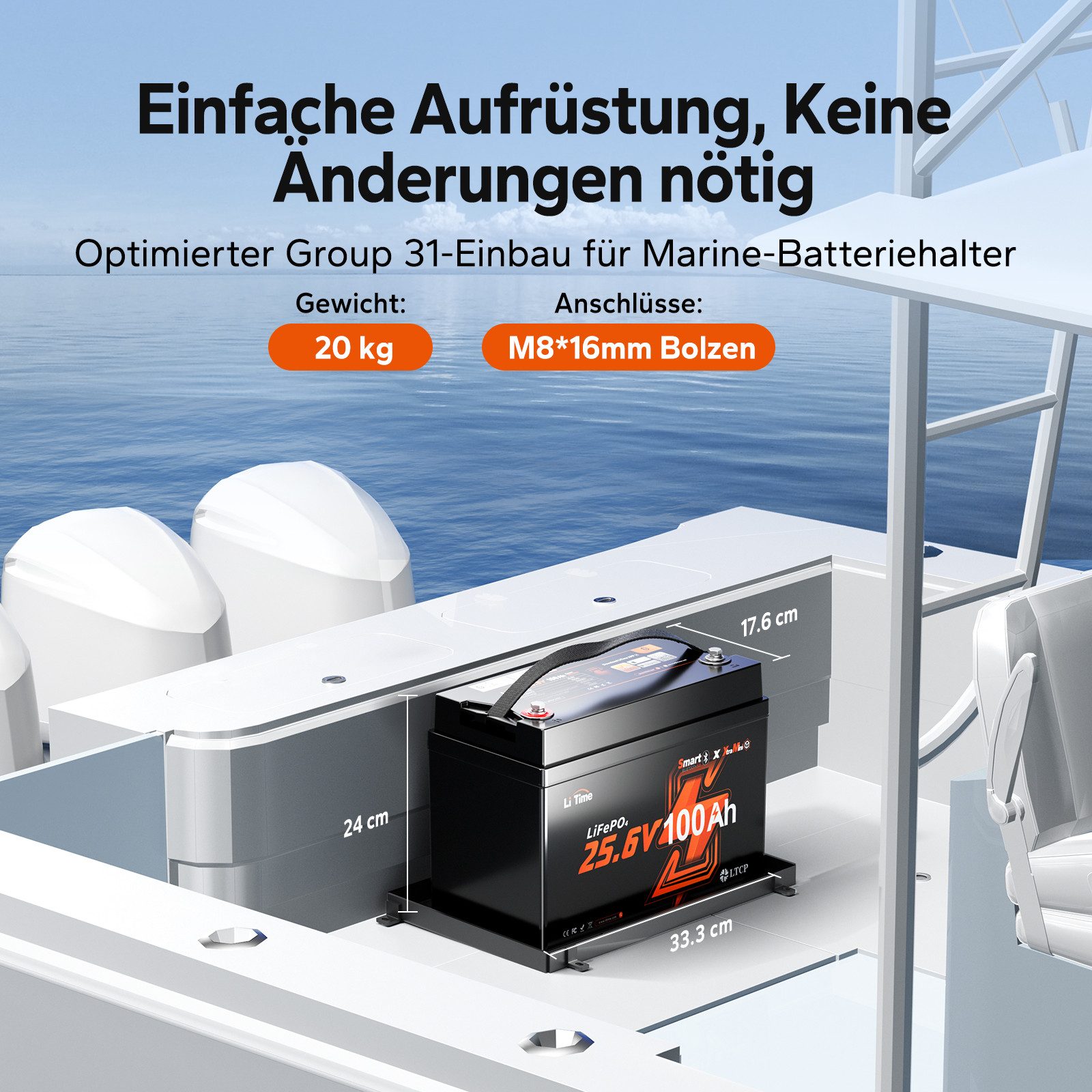 LiTime 24V 100Ah Mini LiFePO4 Batterie mit Bluetooth Solarakkus (24 V), wartungsfrei, IP65, geeignet für Wohnmobil Boot Inselanlage