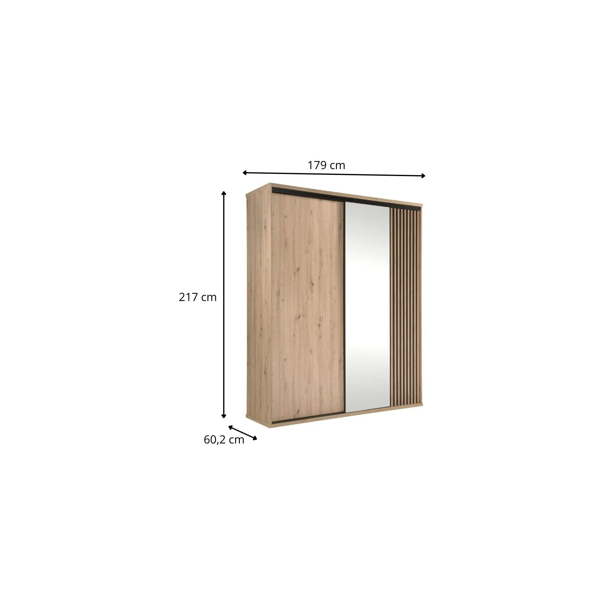 Raumhirsch Furniture Kleiderschrank Garderobenschrank, Schrank mit Spiegel, Schwebetürenschrank (Maße: 179 x 60,2 x 217 cm (2 Schwebetüren, Lamellenfront) Loft-Design, Artisan-Dekor, schwarze Akzente, Metallgriffe