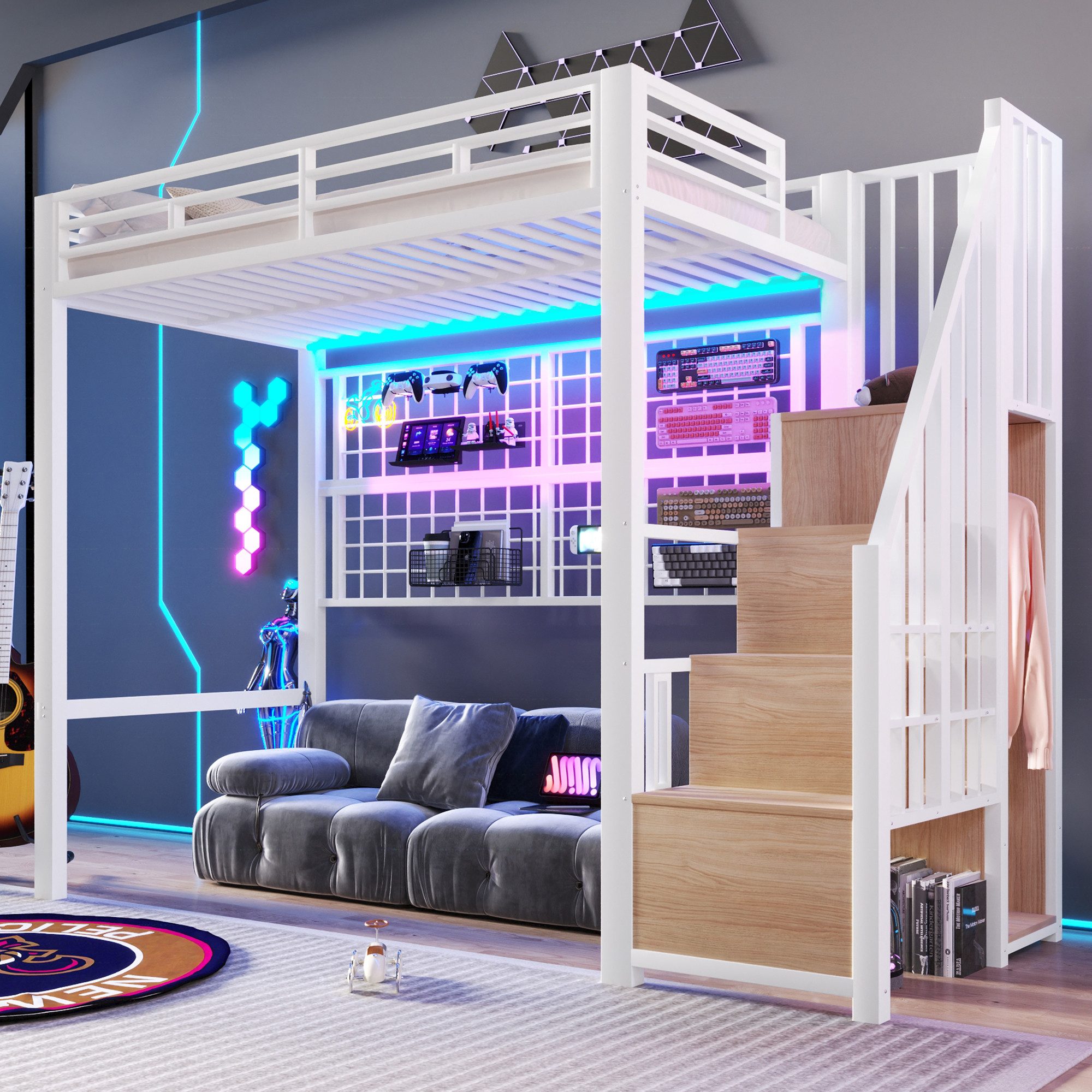 Flieks Hochbett Metallbett Einzelbett 90x200cm mit Led, Kleiderstange, Stauraumfächer