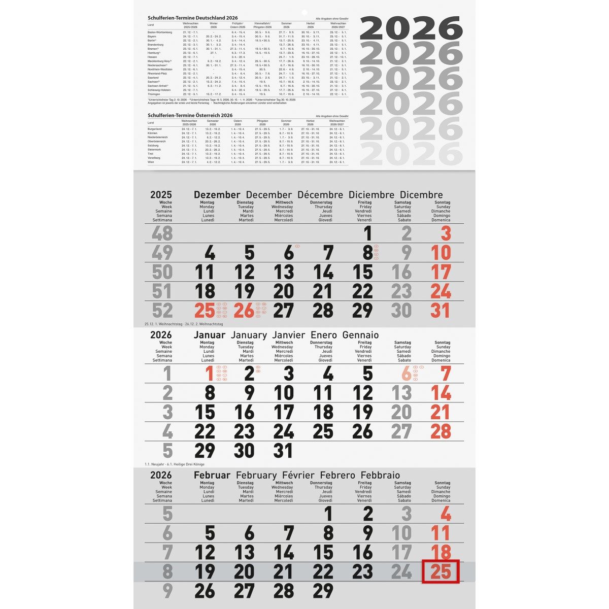 GLOCKEN Настенный календарь 3-Monatskalender 30x54cm 3-farbig Kalendarium 2026