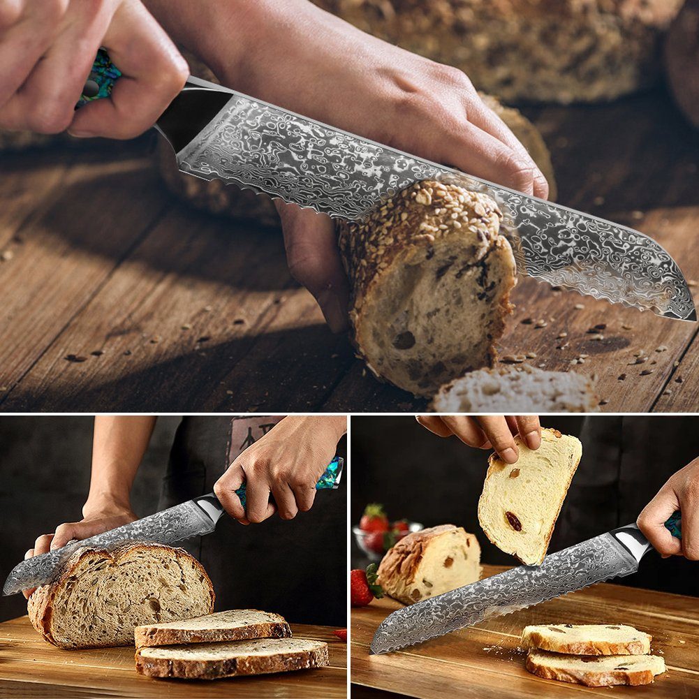 KEENZO Brotmesser Abalone-Muschel Wellenschliff Brotmesser Damast mit Sägemesser Griff
