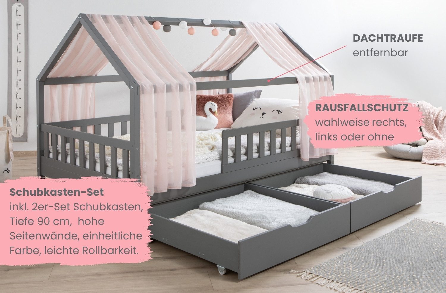 Ticaa Hausbett Kim mit Rausfallschutz und Schubkasten aus Kiefer, Kinderbett 90x200, inkl. Tüll-Set, mit Rollrost, mit Matratze