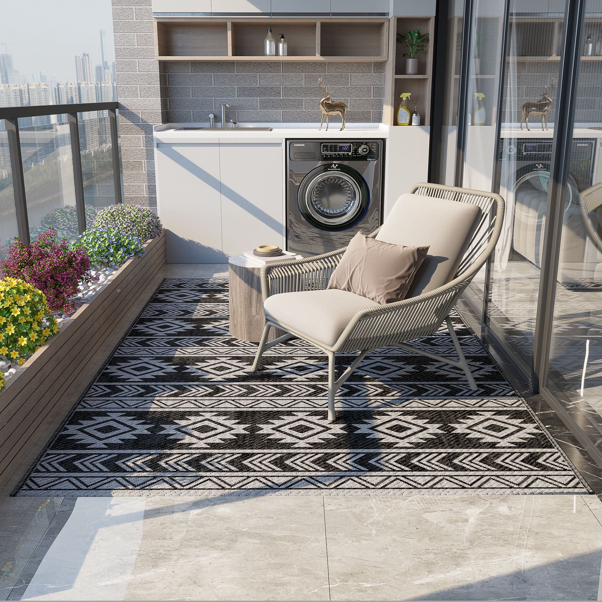 Outsunny Outdoorteppich wasserdichter Kunststoffteppich, für Terrasse, Balkon, Camping, Rechteck, Höhe: 0.3 mm, Schwarz+Grau, 182 x 274 cm