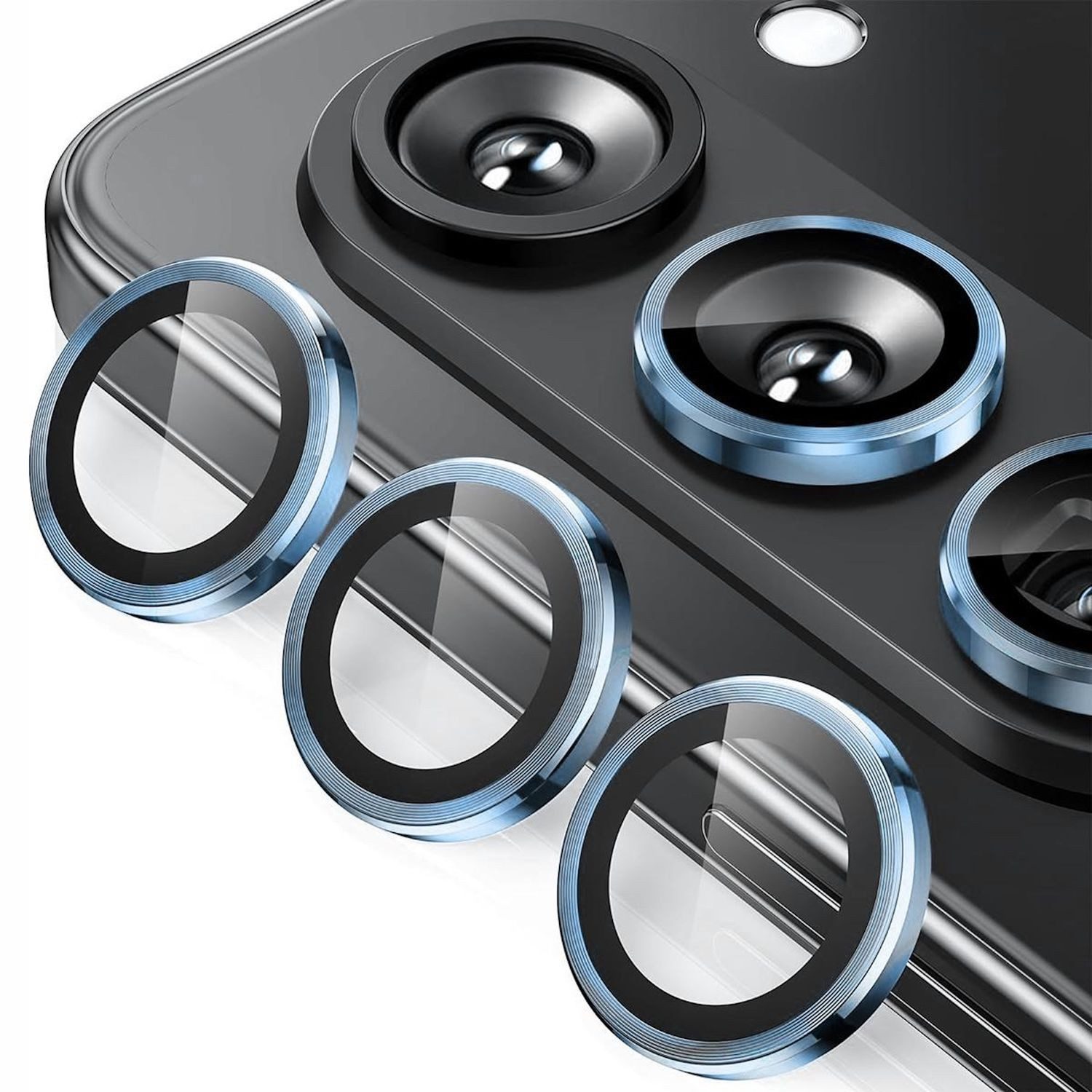 Wigento Handyhülle Für Samsung Galaxy Z Fold7 5G Aluminium Ring + 9H Hart Glas Hellblau, Kameralinsenschutz mit Metallring, gehärtetes Glas
