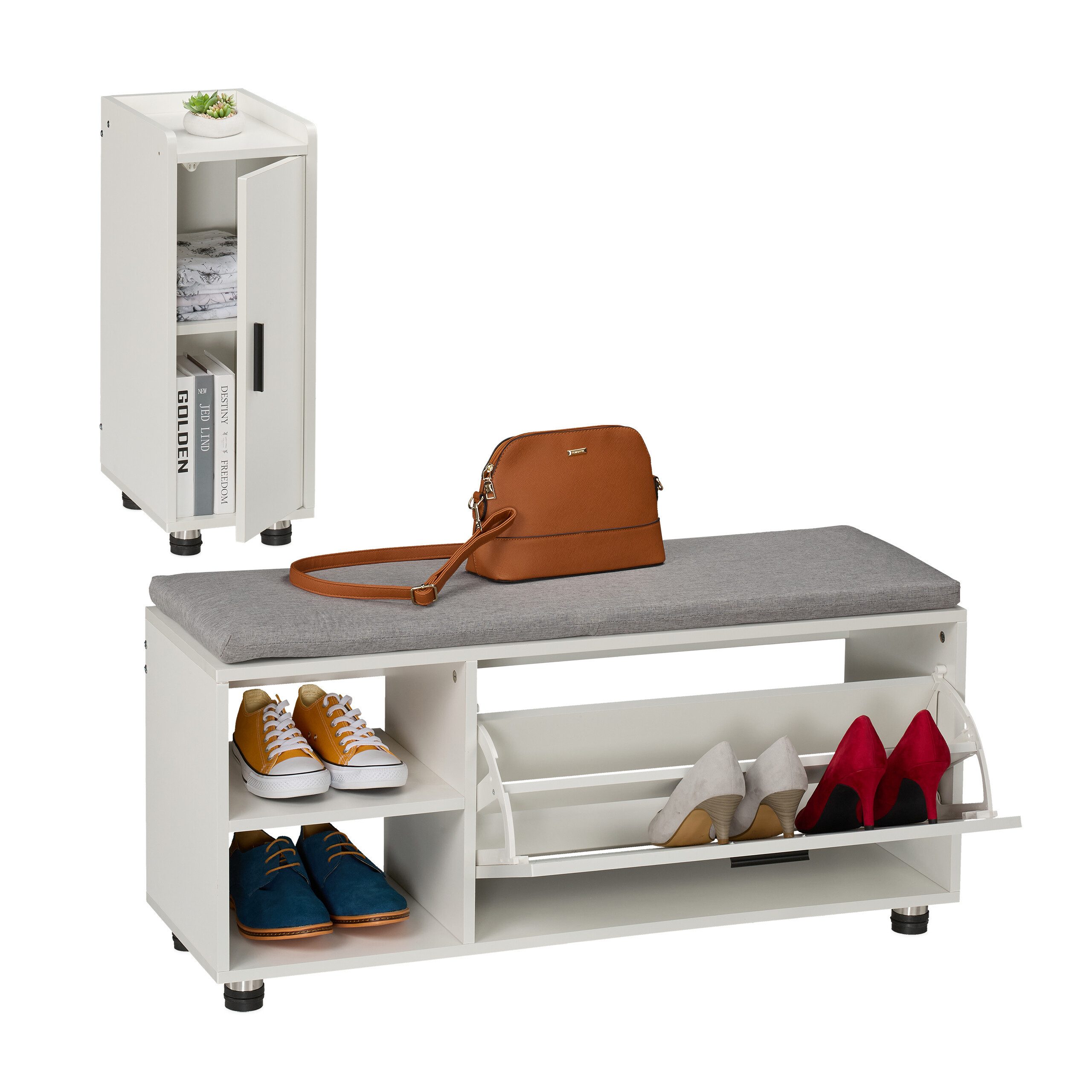 relaxdays Schuhbank mit Sitzfläche & Schrank Set, Weiss-grau günstig online kaufen