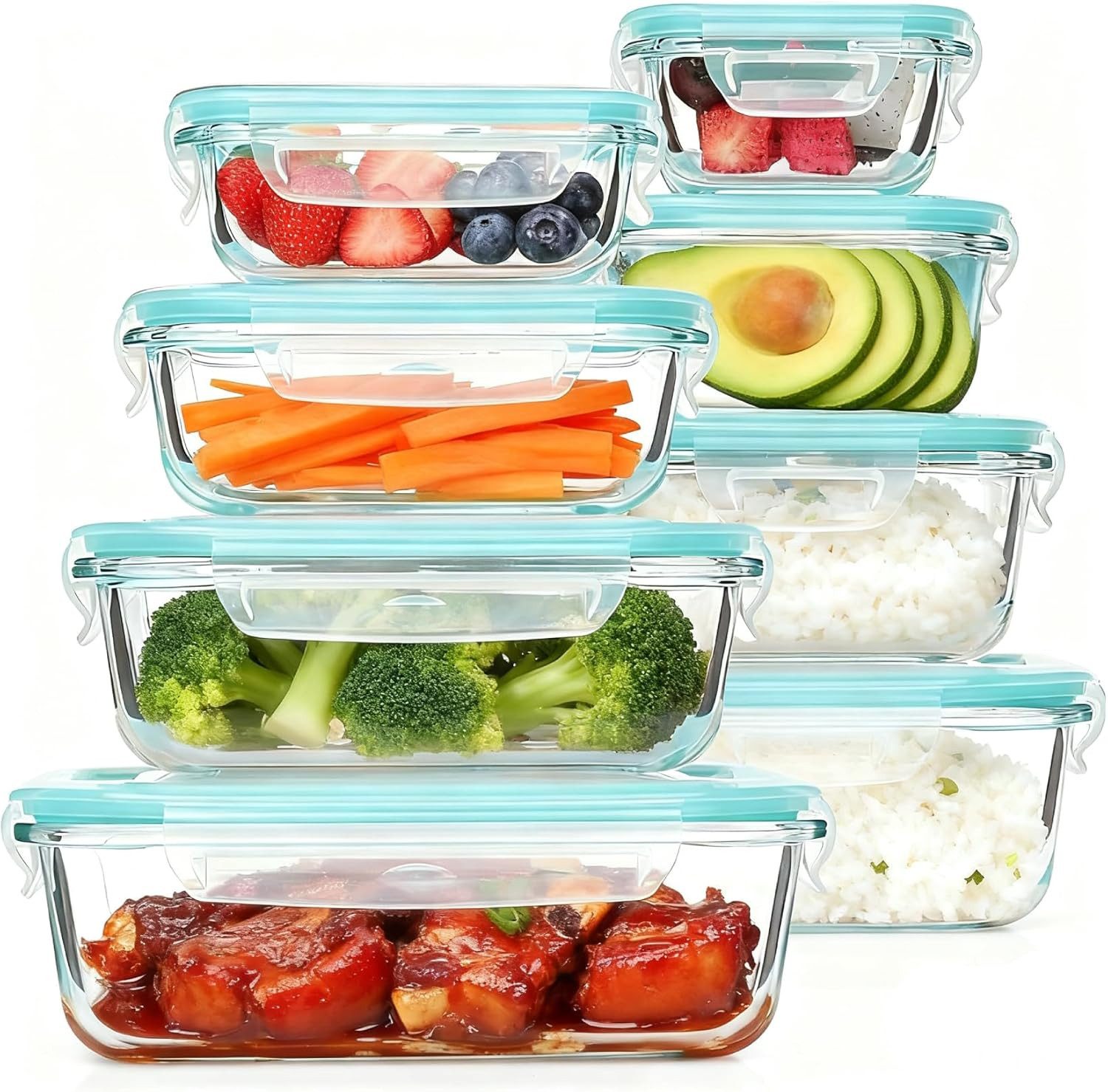 SURFOU Frischhaltedose Glasbehälter mit Deckel Frischhaltedosen Set Vorratsdosen mit 8 Größen, Glas, (Vorratsdosen-Set aus Glas, Geschirrset, Meal Prep Gläser, Meal Prep Boxen, Vorratsdosen mit Deckel Luftdicht, Mikrowellengeschirr Glasdosen mit Deckel Set – Stapelbare Vorratsdosen mit Deckel, Meal Prep Boxen Glas, BPA-frei & auslaufsicher, Robust, temperaturbeständig, ideal für Meal Prep, Lebensmittel aufbewahren, 8-tlg., Geeignet für den Kühlschrank und stapelbar), Auslaufsicher, geruchsfrei, lebensmittelecht, mikrowellengeeignet