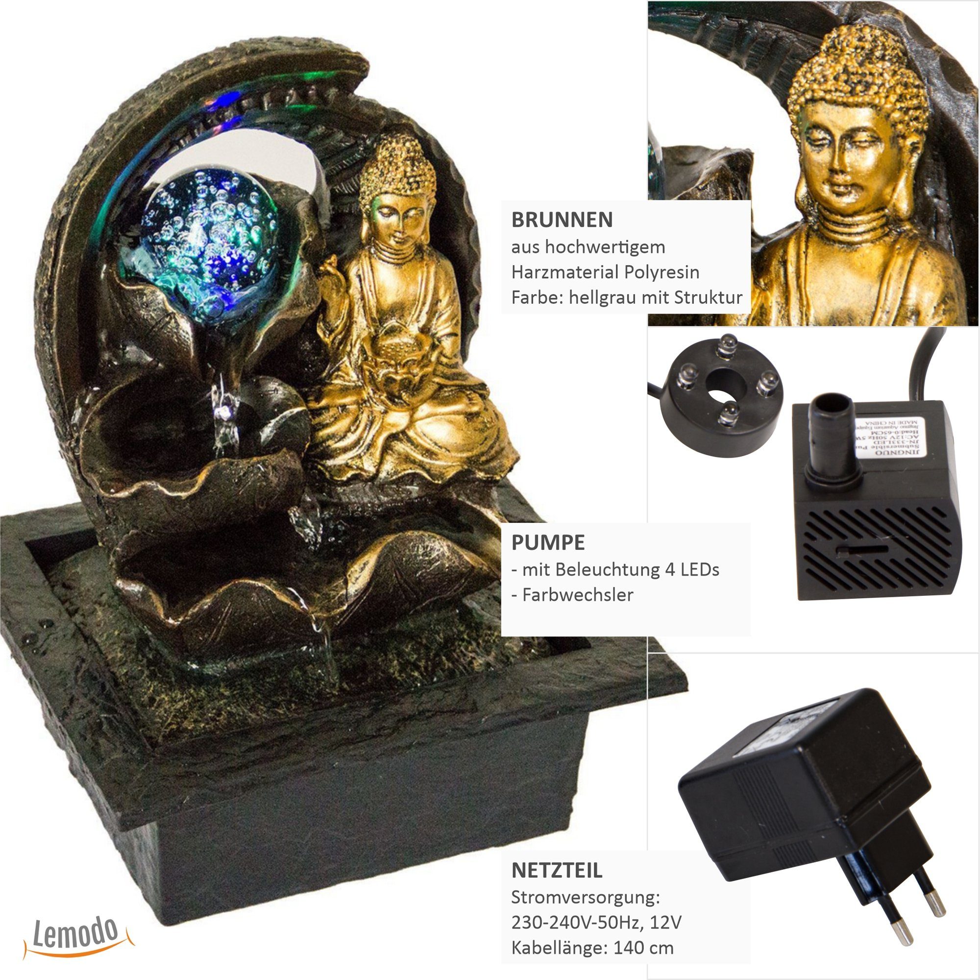 Lemodo Zimmerbrunnen Tischbrunnen Buddha mit Beleuchtung, günstig online kaufen