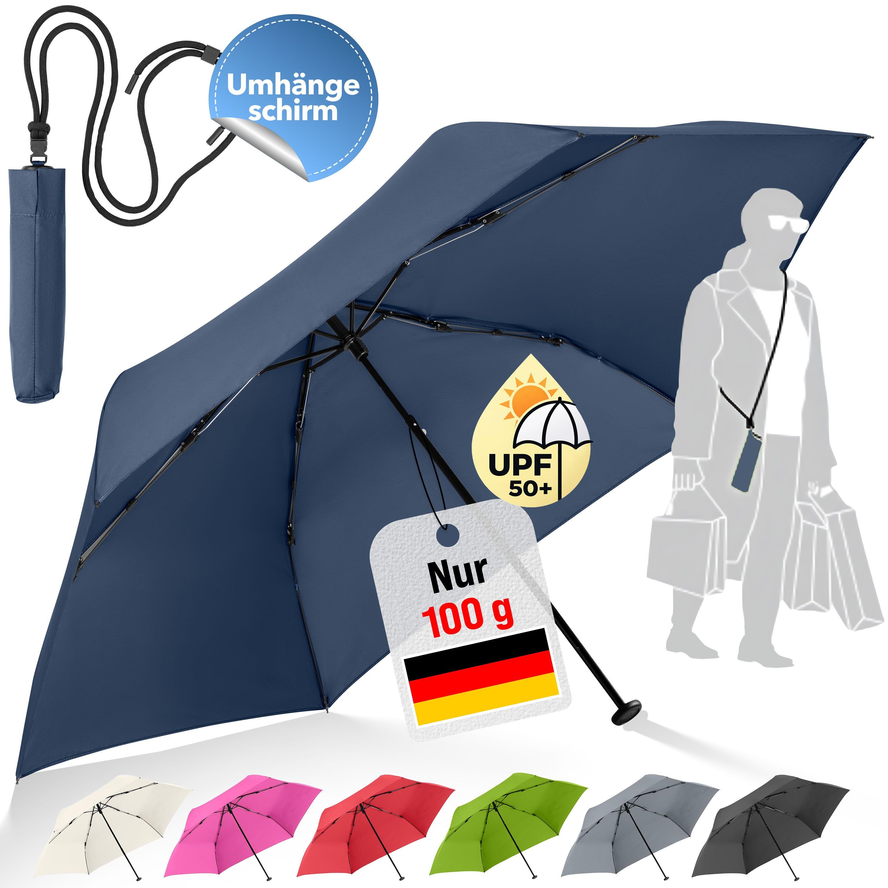 FARE Taschenregenschirm FiligRain ToGo, inkl. Umhängetasche, 100g leicht, UPF 50+, Windproof-PLUS, Sicherheitsschieber, Recyclingbezug, 88 cm