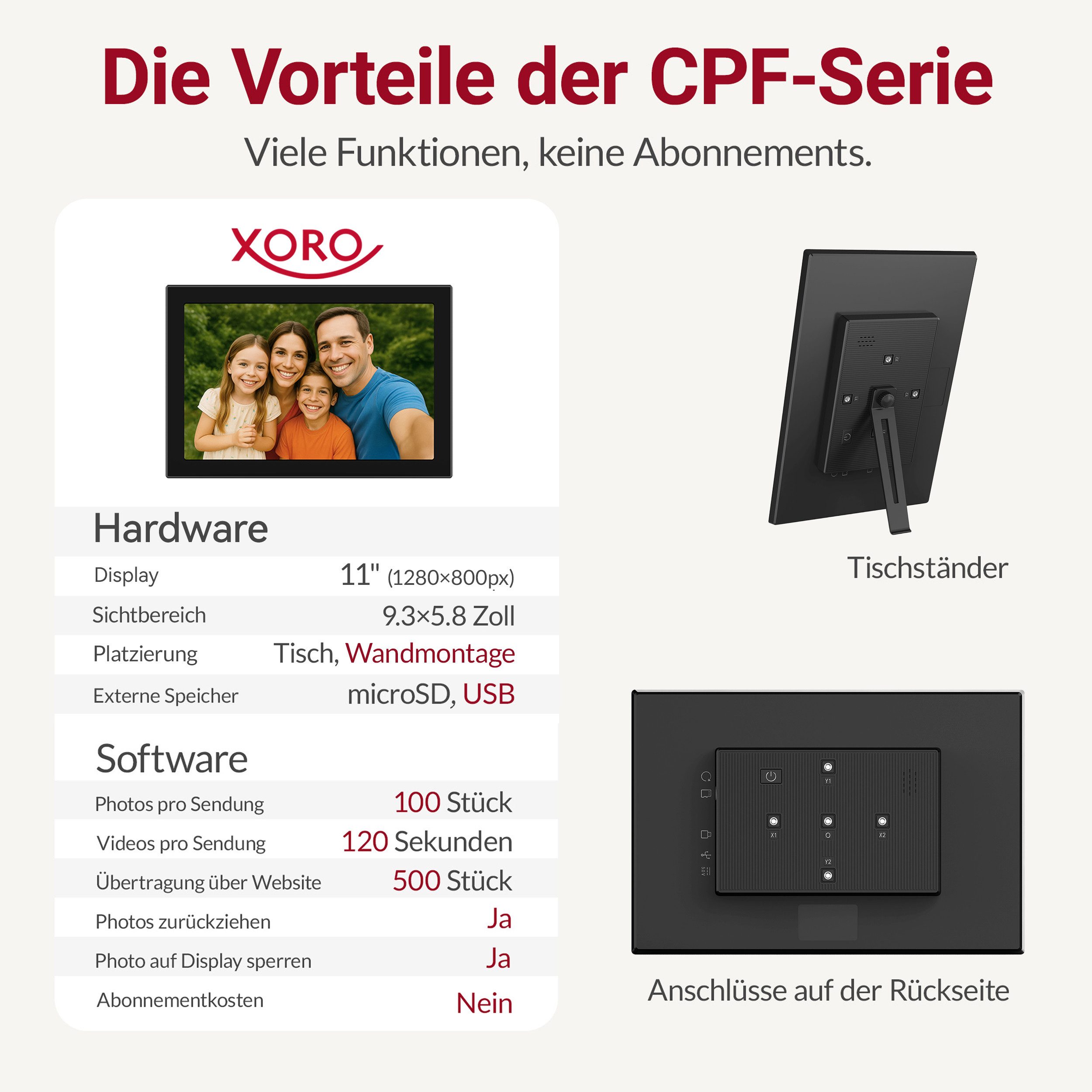 Xoro CPF 10CF -11CF Smartes Display für Foto‑ und Videowiedergabe Digitaler Bilderrahmen (27,94 cm/11 ", 1280 × 800 Pixel, 16 GB, Intuitive Bedienung mit automatischer Bildrotation und App‑Steuerung)