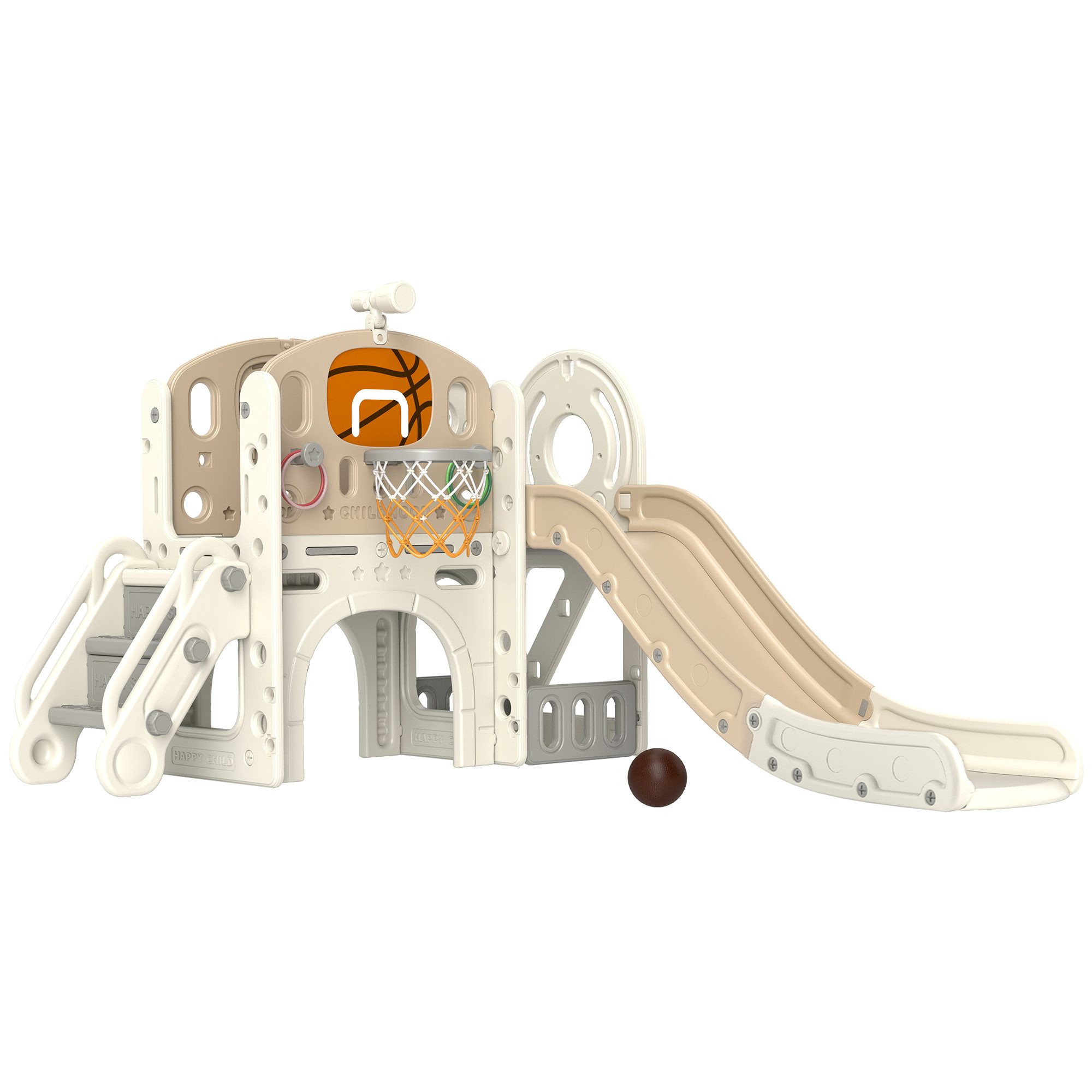 Rutscher 7-in-1, mit Basketballkorb, Klettergerüst, Teleskop, Tunnel, Lenkrad