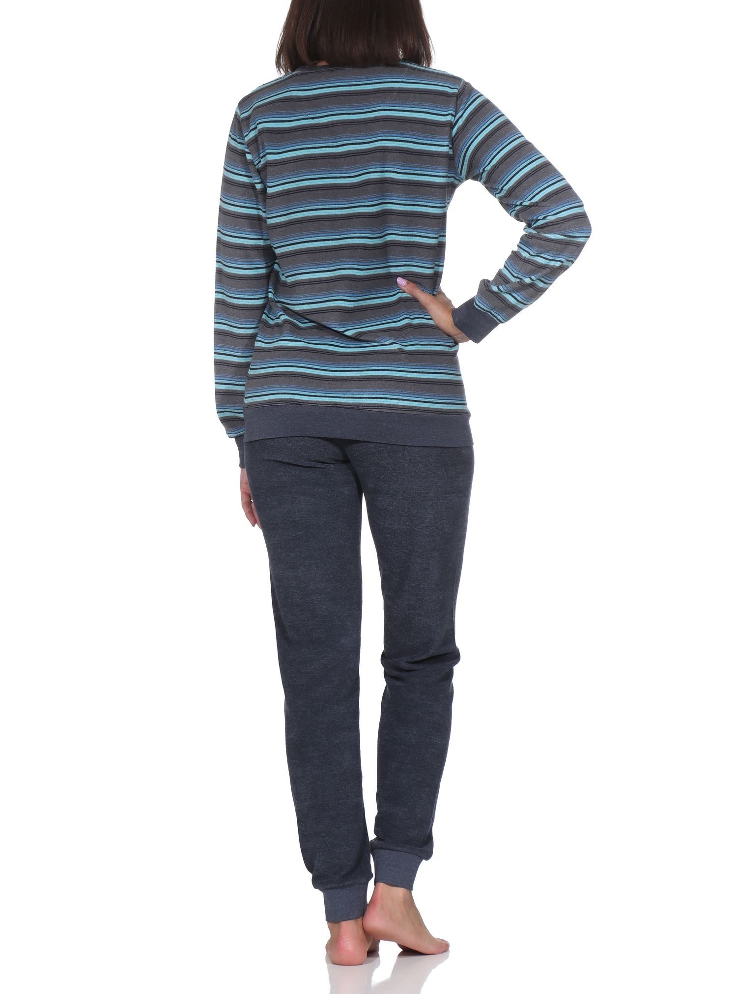 Normann Pyjama Damen Frottee Schlafanzug mit Bündchen in elegantem Streifendesign – Bild 3 von 5