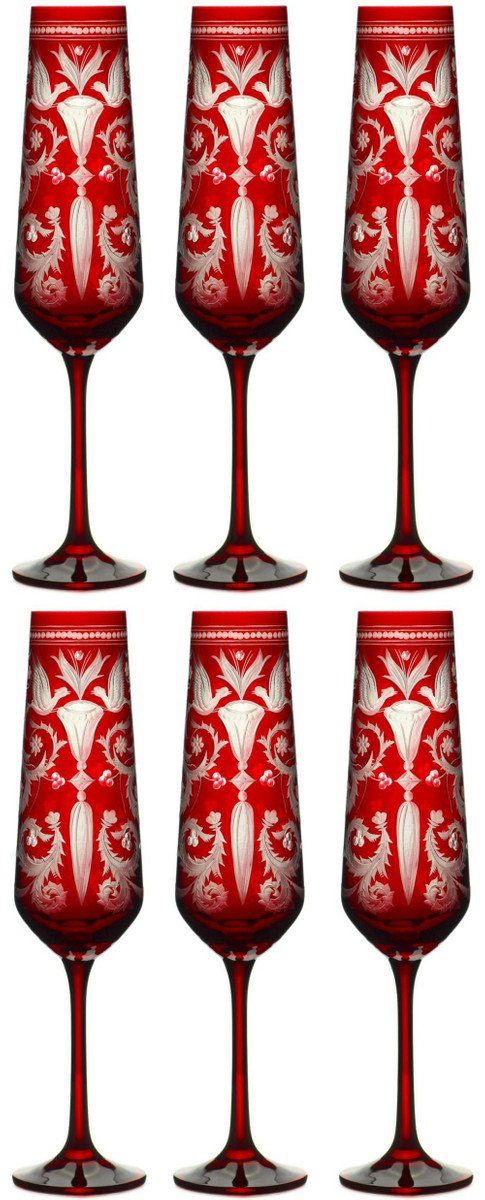 Champagnerglas Luxus Champagnerglas 6er Set Rot / Silber Ø 6,5 x H. 26,5 cm - Handgefertigte und handgravierte Champagnergläser - Hotel & Restaurant Accessoires - Luxus Qualität