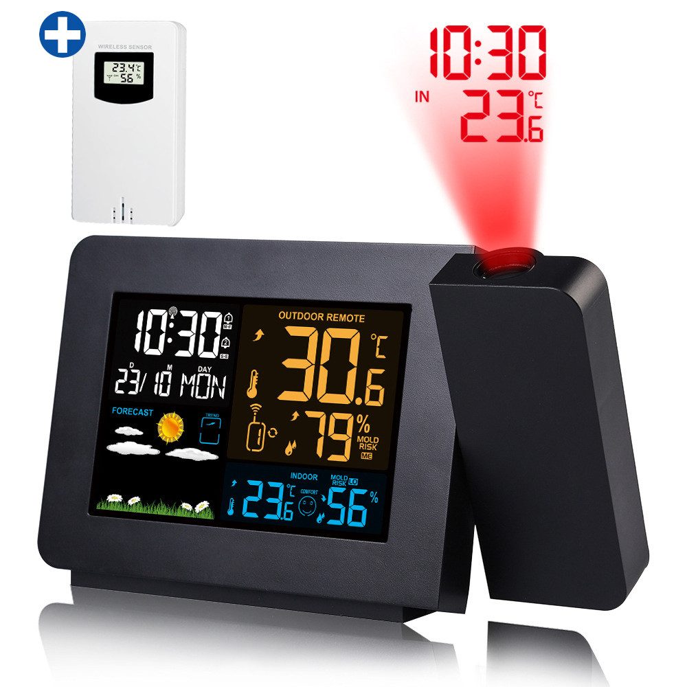 Forrlite, Wetterstation Funk mit Außensensor Wetterstation (mit Wettervorhersage, Innen und Außen Temperatur / Luftfeuchte, Farbdisplay, Dualwecker mit Schlummerfunktion, geeignet für Zuhause, Büro und Garten)