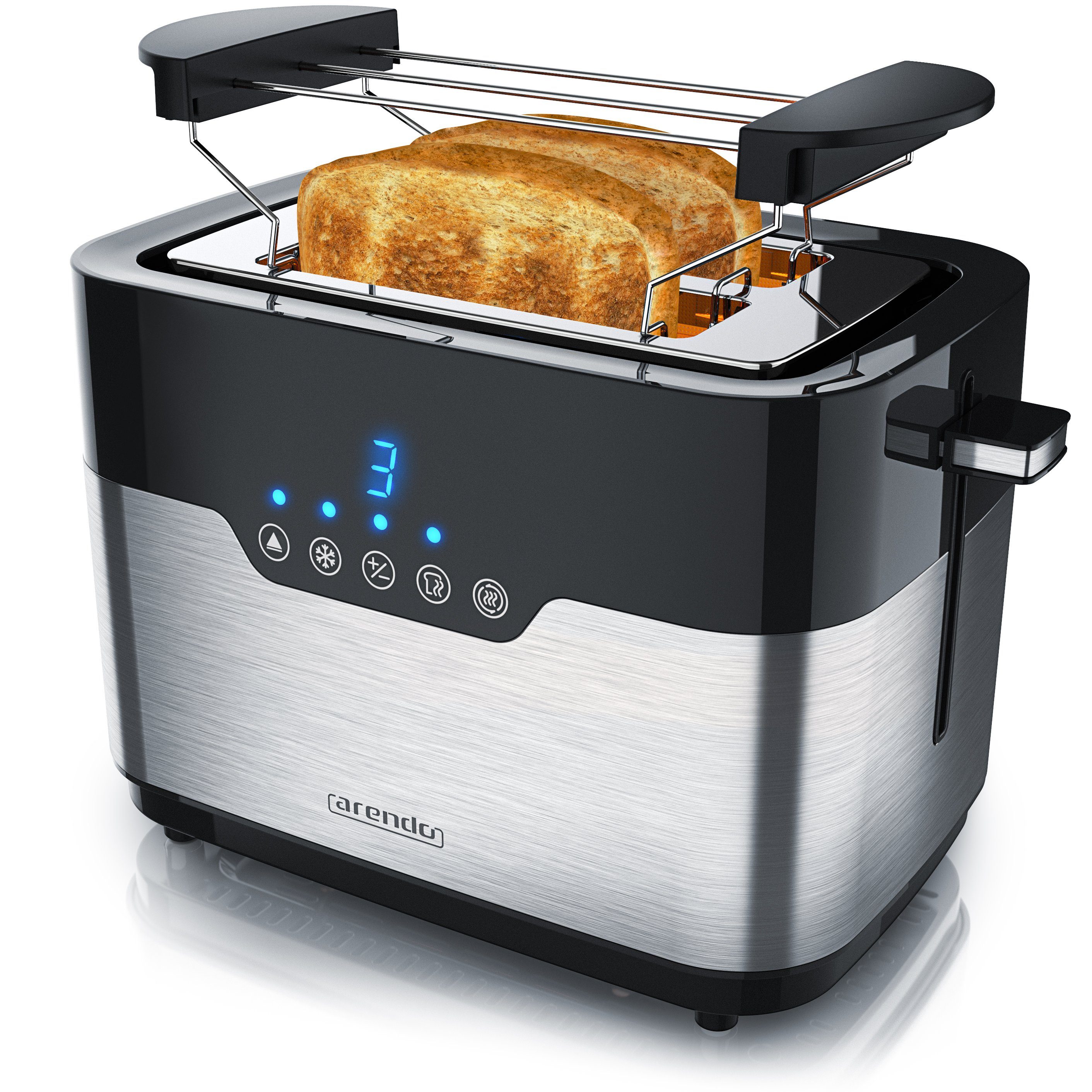 Arendo Toaster Edelstahl, mit LED Anzeige, Brötchenaufsatz, extra breite Schlitze, 2 Schlitze, für 2 Scheiben, 920 W, Doppelwand, Krümelschublade, einseitige Bräunungsfunktion für Brötchen