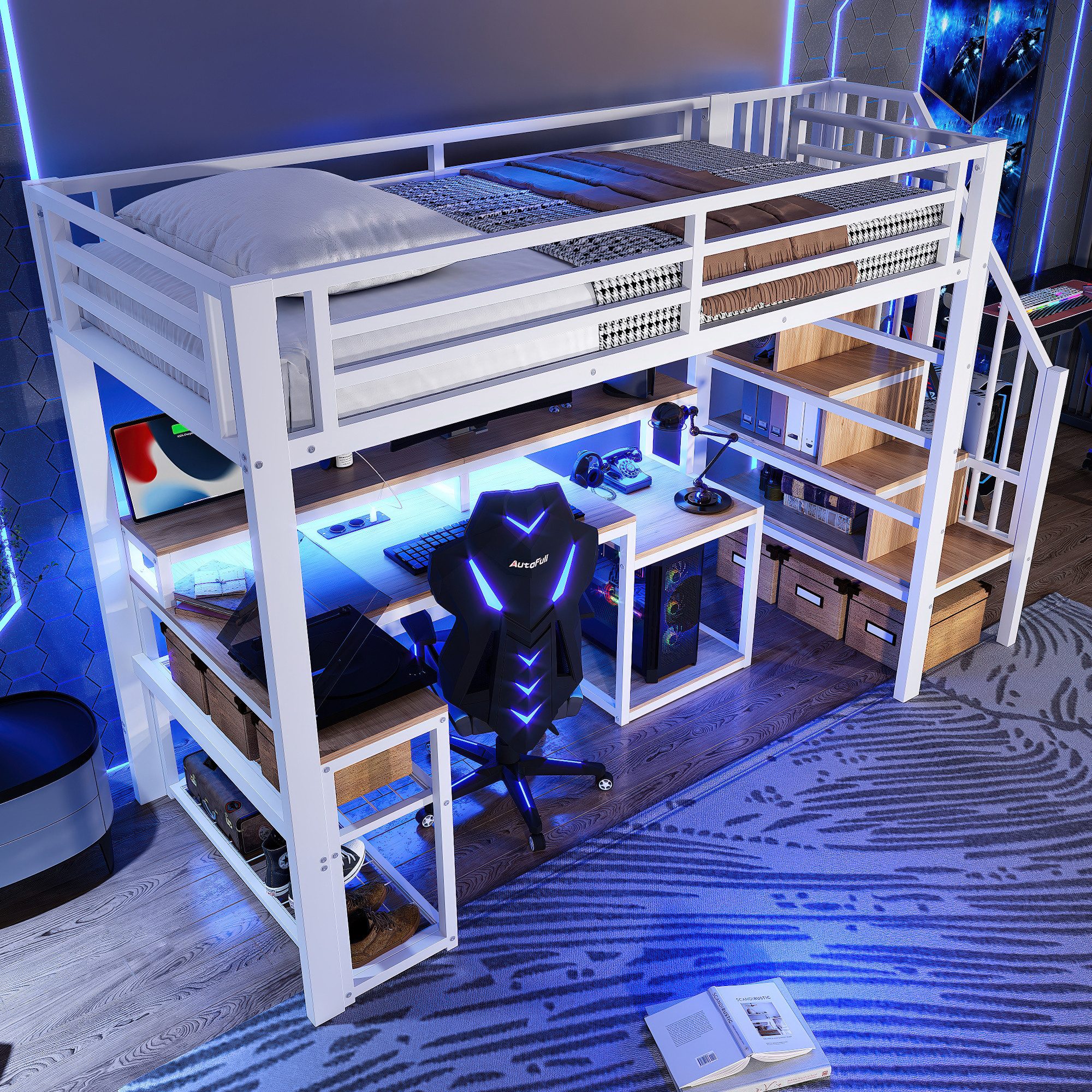 Hochbett integriertem Schreibtisch, LED-Beleuchtung und Ablagefach