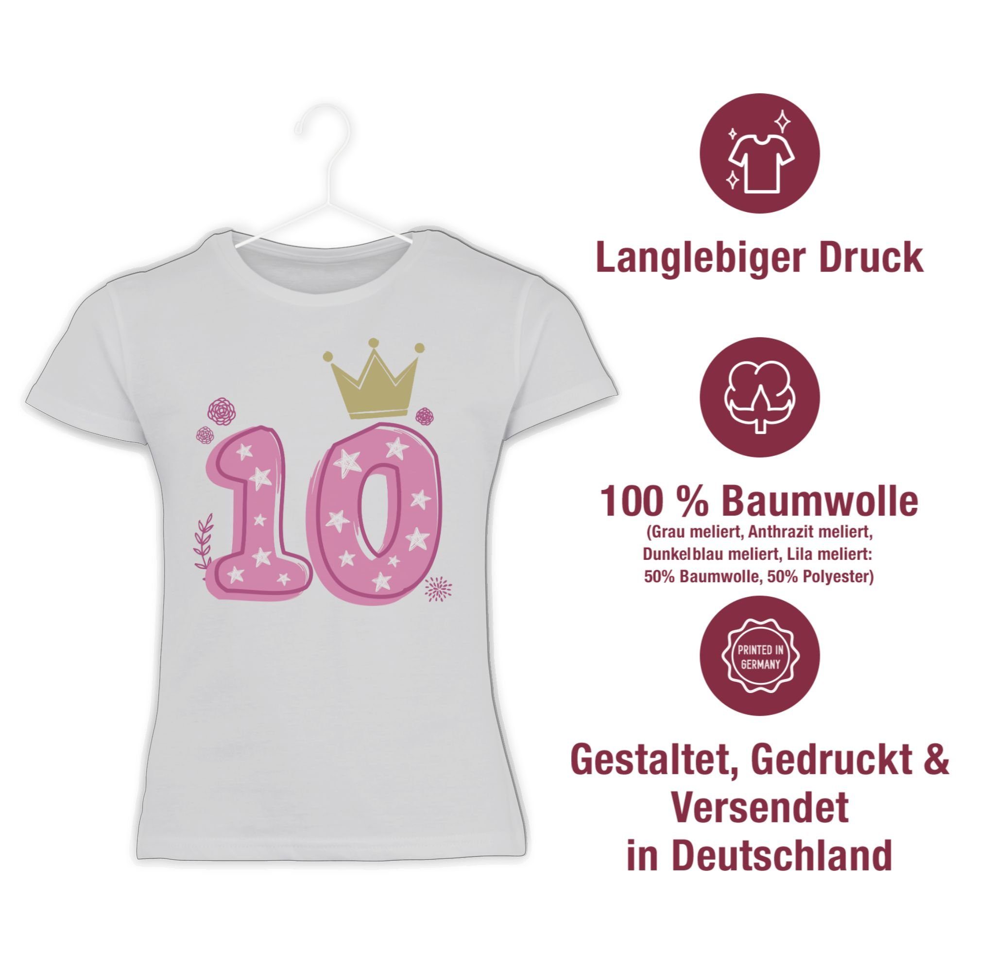 Krone Zehnter Shirtracer T-Shirt 2 Sterne Geburtstag Mädchen 10. Weiß