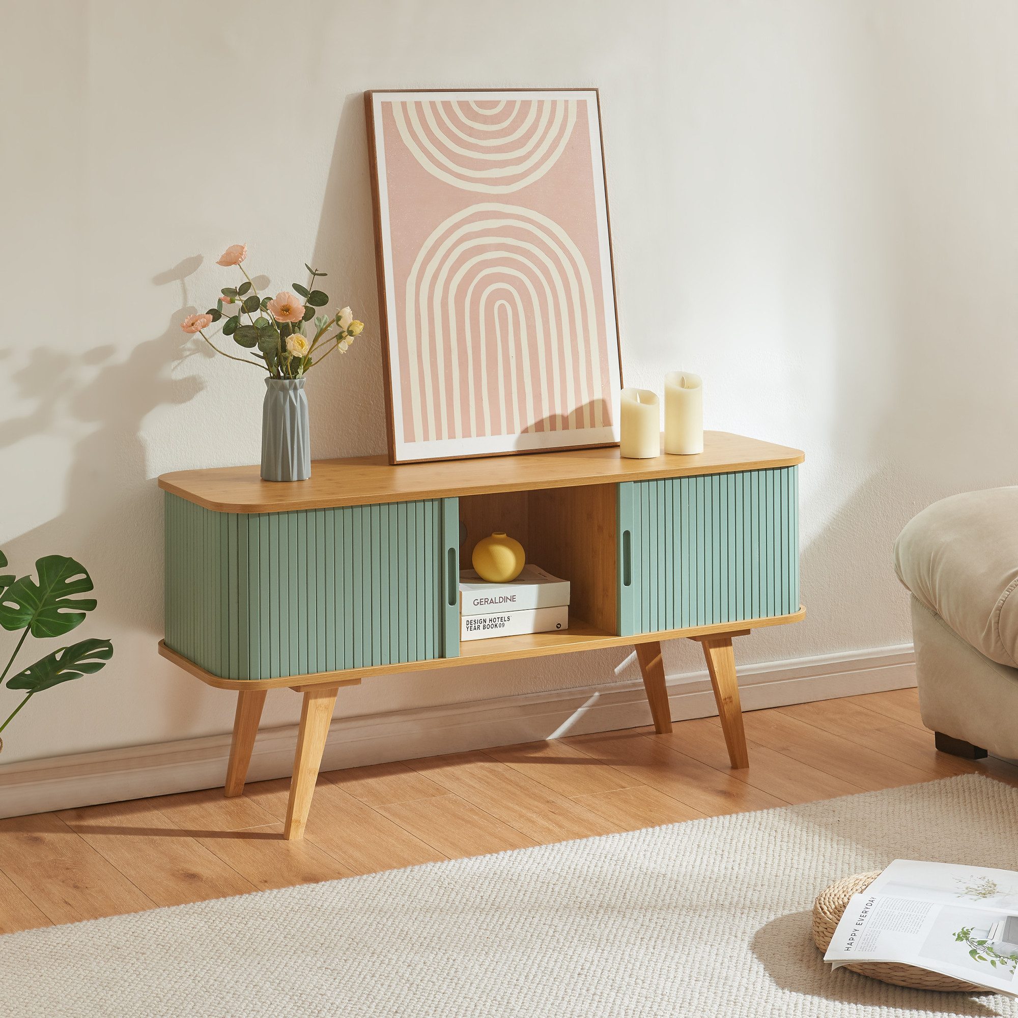 en.casa TV-Schrank »Tysvær« mit 2 Schiebetüren 120 x 40 x 58 cm Bambus/Blau günstig online kaufen