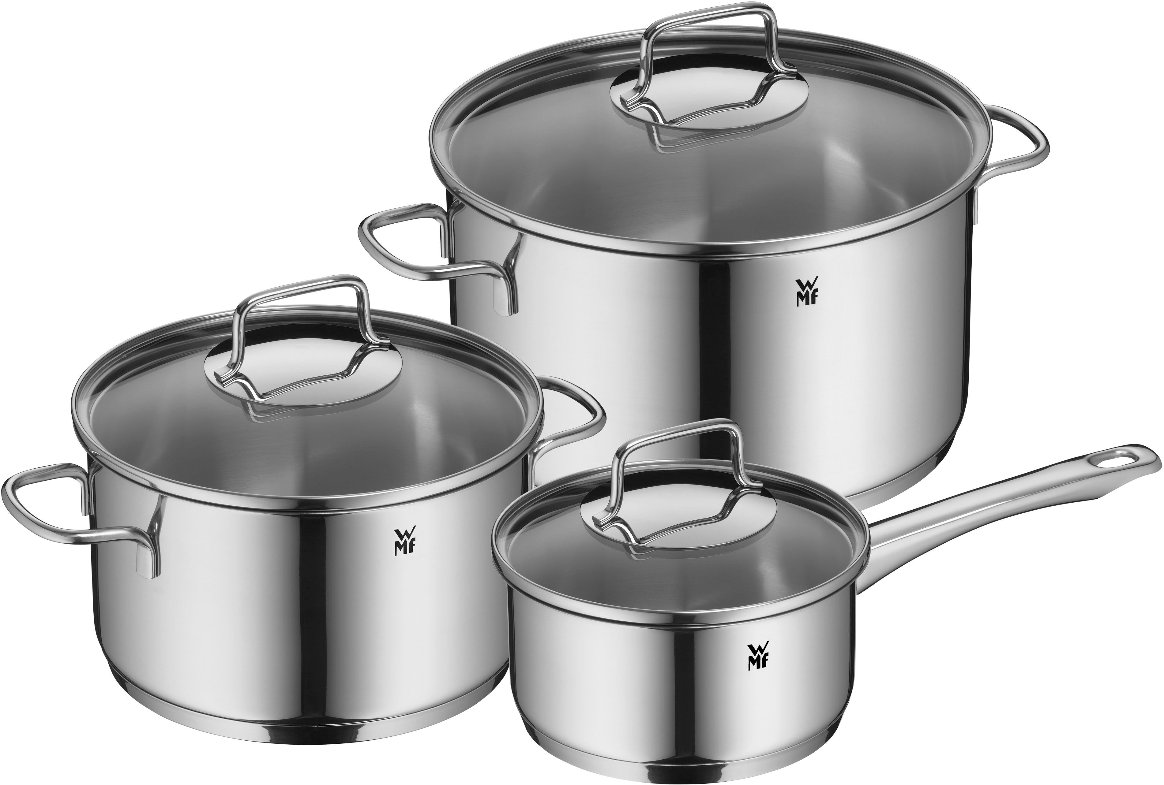 WMF Topf-Set Astoria, Kochtopf Set Induktion mit Glasdeckel, breiter Schüttrand, Cromargan® Edelstahl Rostfrei 18/10 (Set, 6-tlg), hochglanzpoliert, für alle Herdarten geeignet, hochwertige Qualität