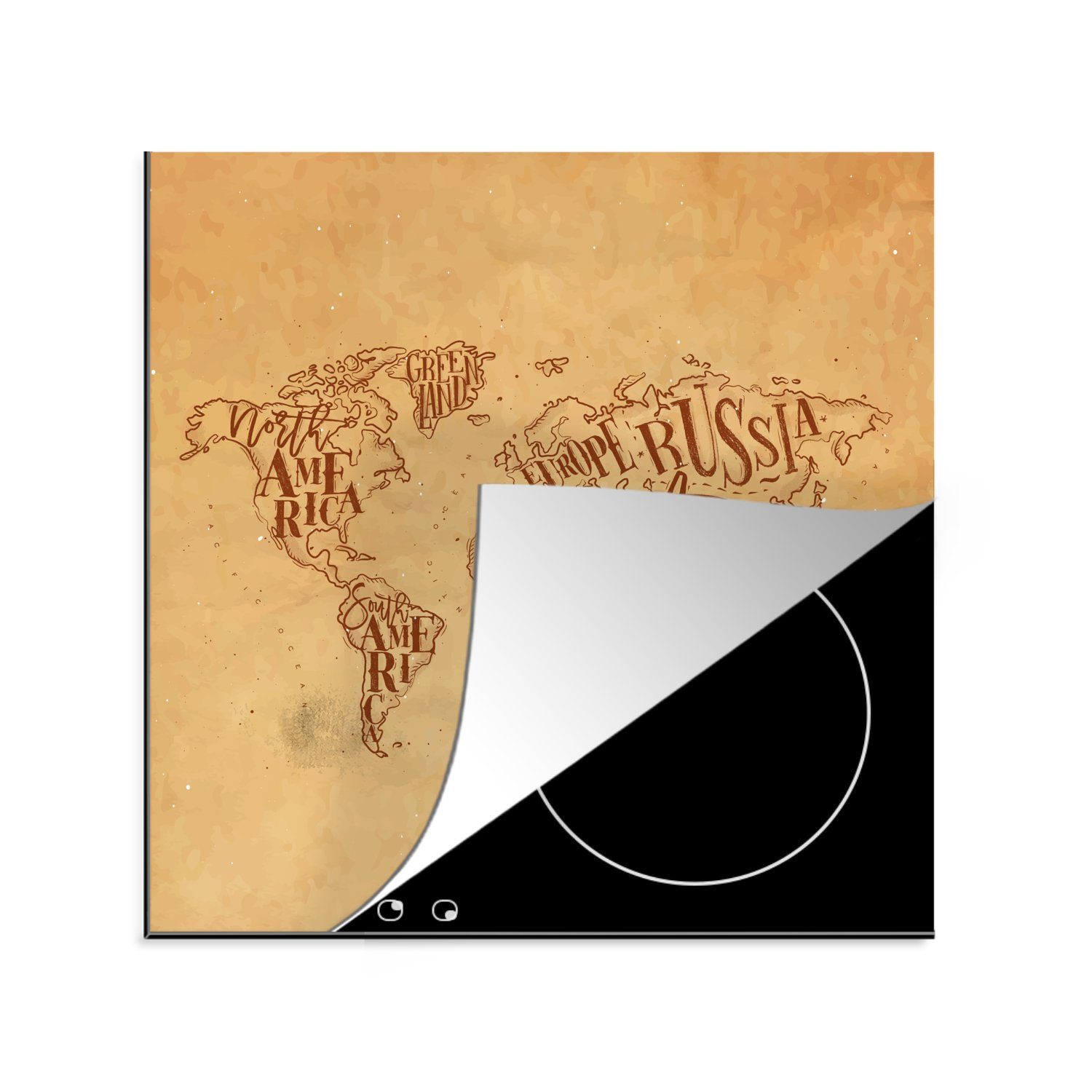 Ceranfeldabdeckung, - Herdblende-/Abdeckplatte für Papyrus, 78x78 MuchoWow küche - tlg), Vinyl, Weltkarte cm, Vintage Arbeitsplatte (1