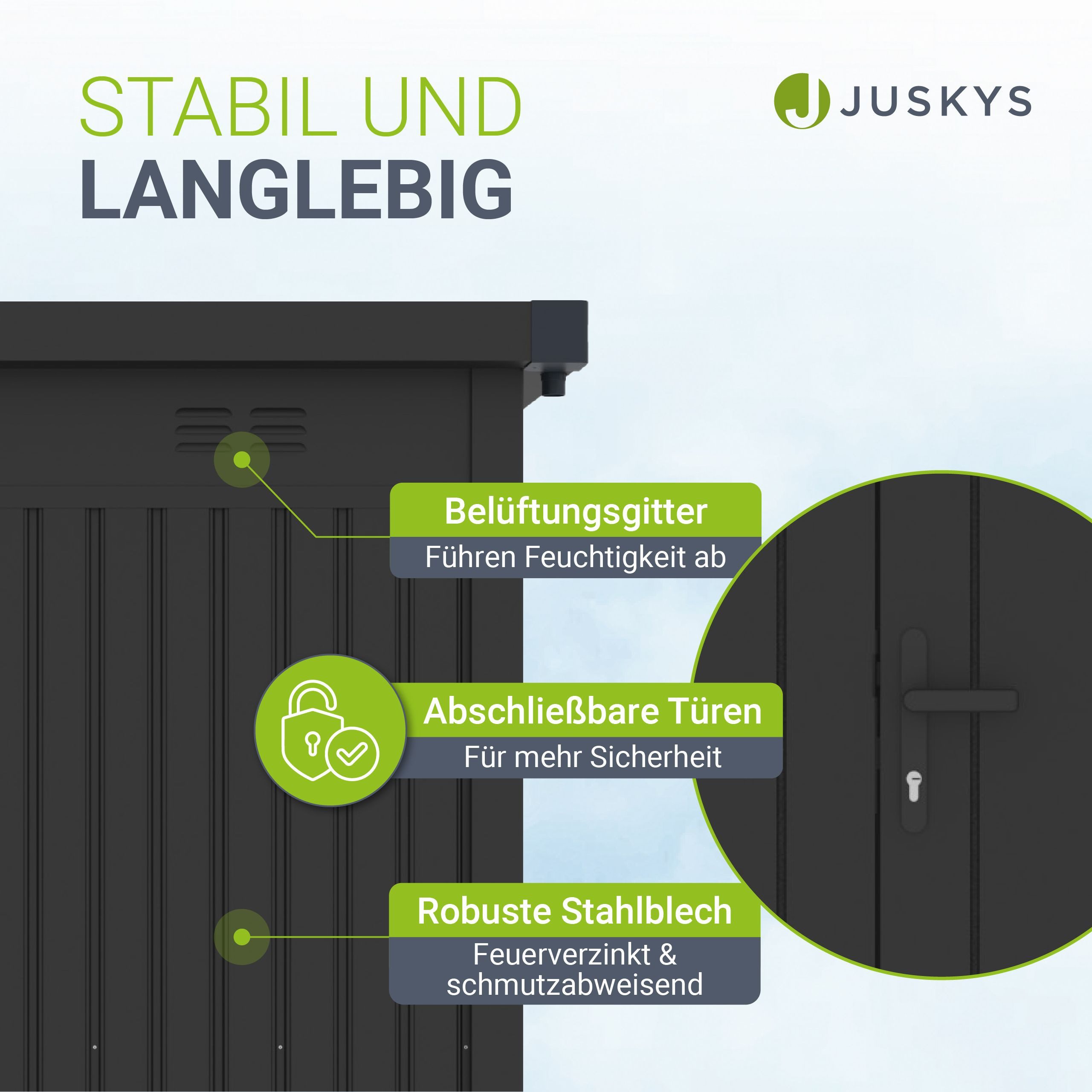 Juskys Gartenhaus Luzern Pro 5,3 m², BxT: 230x230 cm, Stabiles Metall, wetterfest, langlebig, Fenster & abschließbare Türen