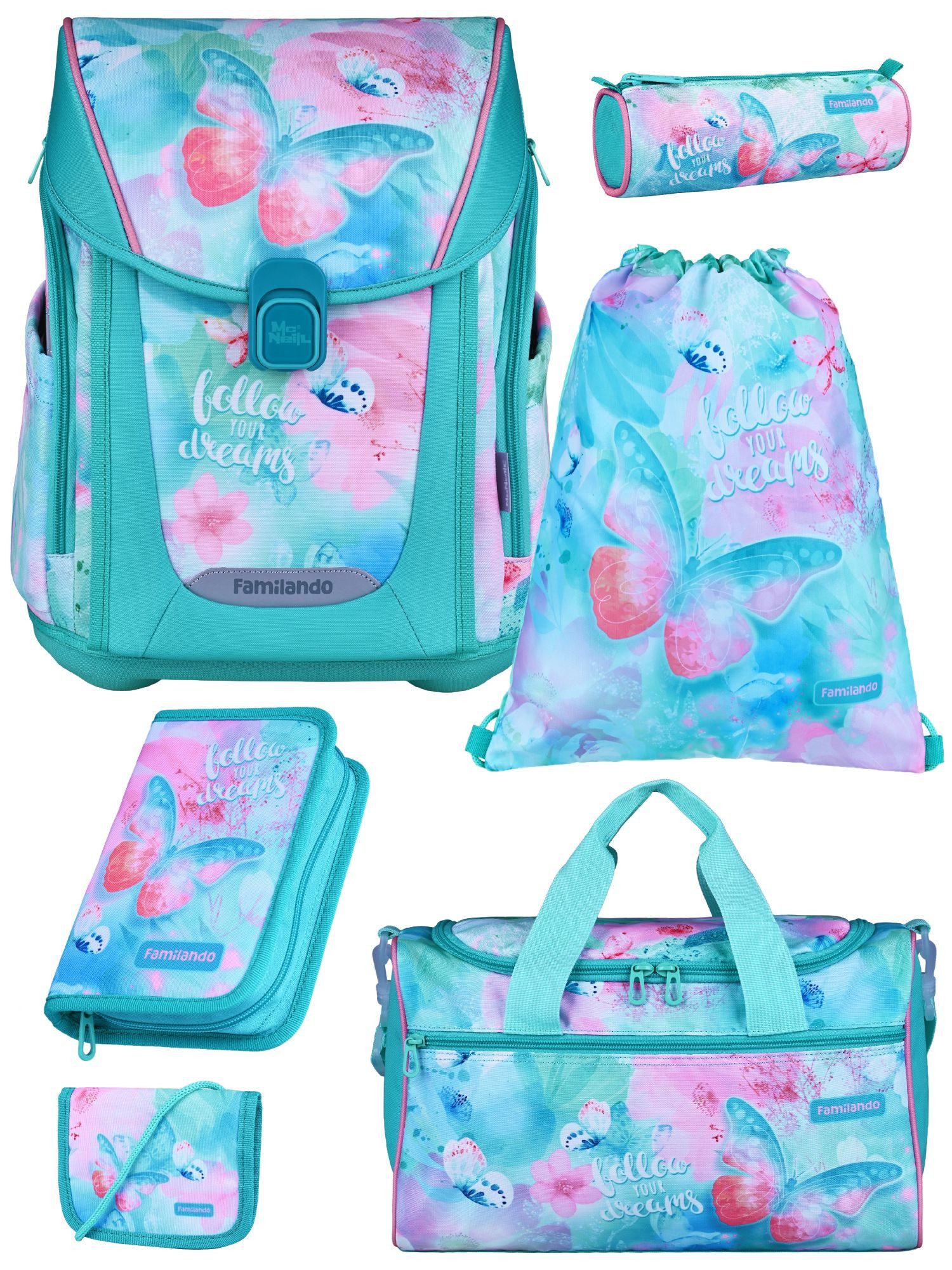 Familando Schulranzen PREMIUM Butterfly Schmetterlinge Schultasche ab der 1. Klasse (Set, 6-tlg., inkl. Federmäppchen und Sporttasche), mit Brustgurt, 1.000 Gramm leicht, 20L Volumen