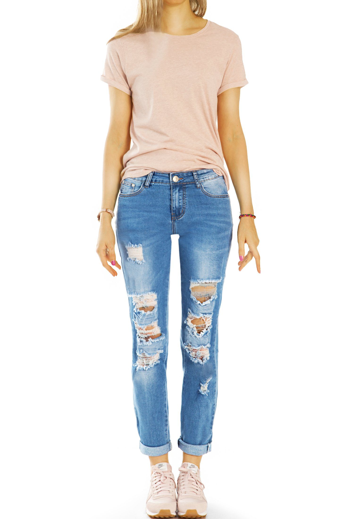 Waist - Jeans, mit 5-Pocket-Style Hose Damen styled fit Slim zerrissene Medium be Stretch-Anteil, j17i Destroyed Slim-fit-Jeans -