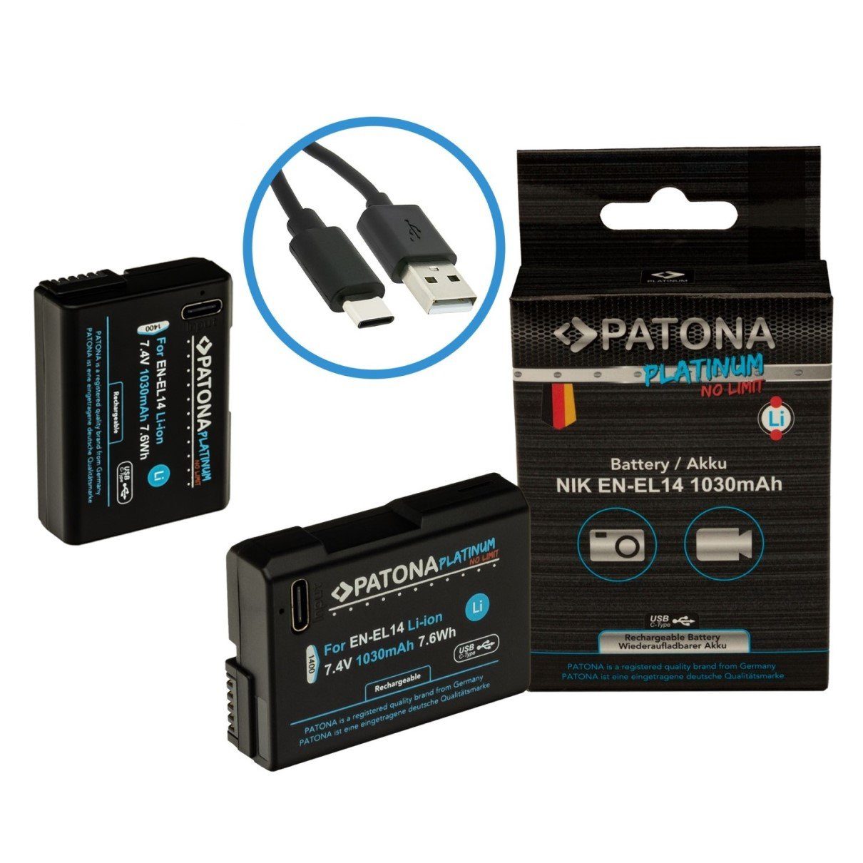 Patona 2x Akku für Nikon EN-EL14 mit USB C Input Kamera-Akku Ersatzakku Akku 1030 mAh (7,4 V, 2 St), D3100 D5100 CoolPix P-Serie P7000