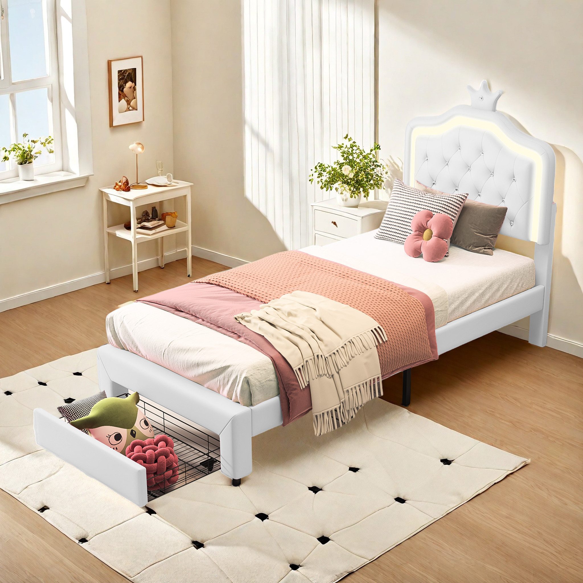 FUROKOY Einzelbett Polsterbett Kinderbett 90x200cm, mit Höhenverstellbarem günstig online kaufen