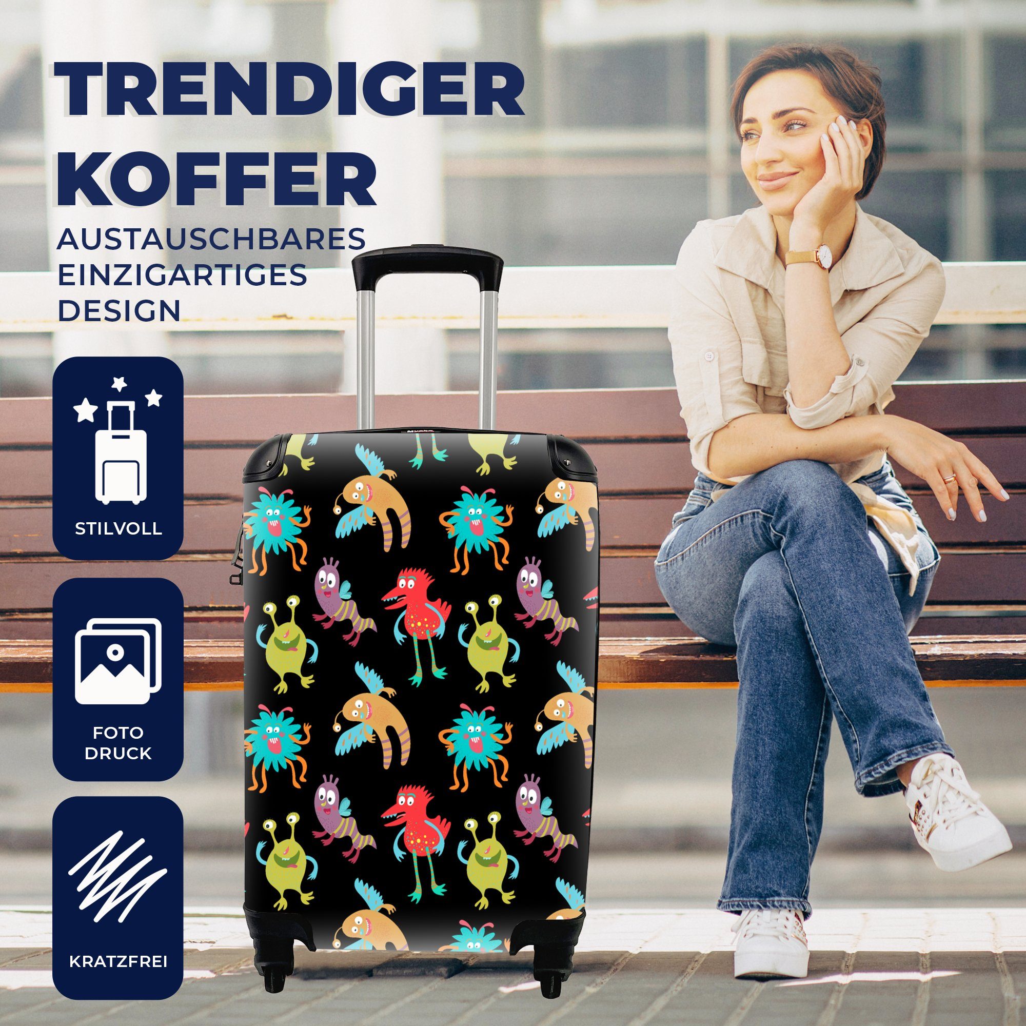 MuchoWow Handgepäckkoffer Design - Monster Reisekoffer rollen, Trolley, - Rollen, mit Farbe, - Handgepäck für Reisetasche 4 Ferien, Kinder