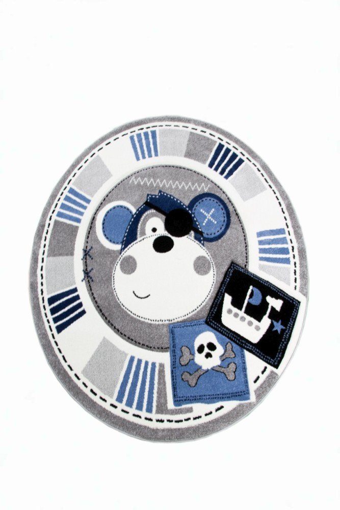 Carpetia Kinderteppich Teppich Kinderzimmer Jungen Affe Pirat blau crème grau schwarz, rund, Höhe: 13 mm