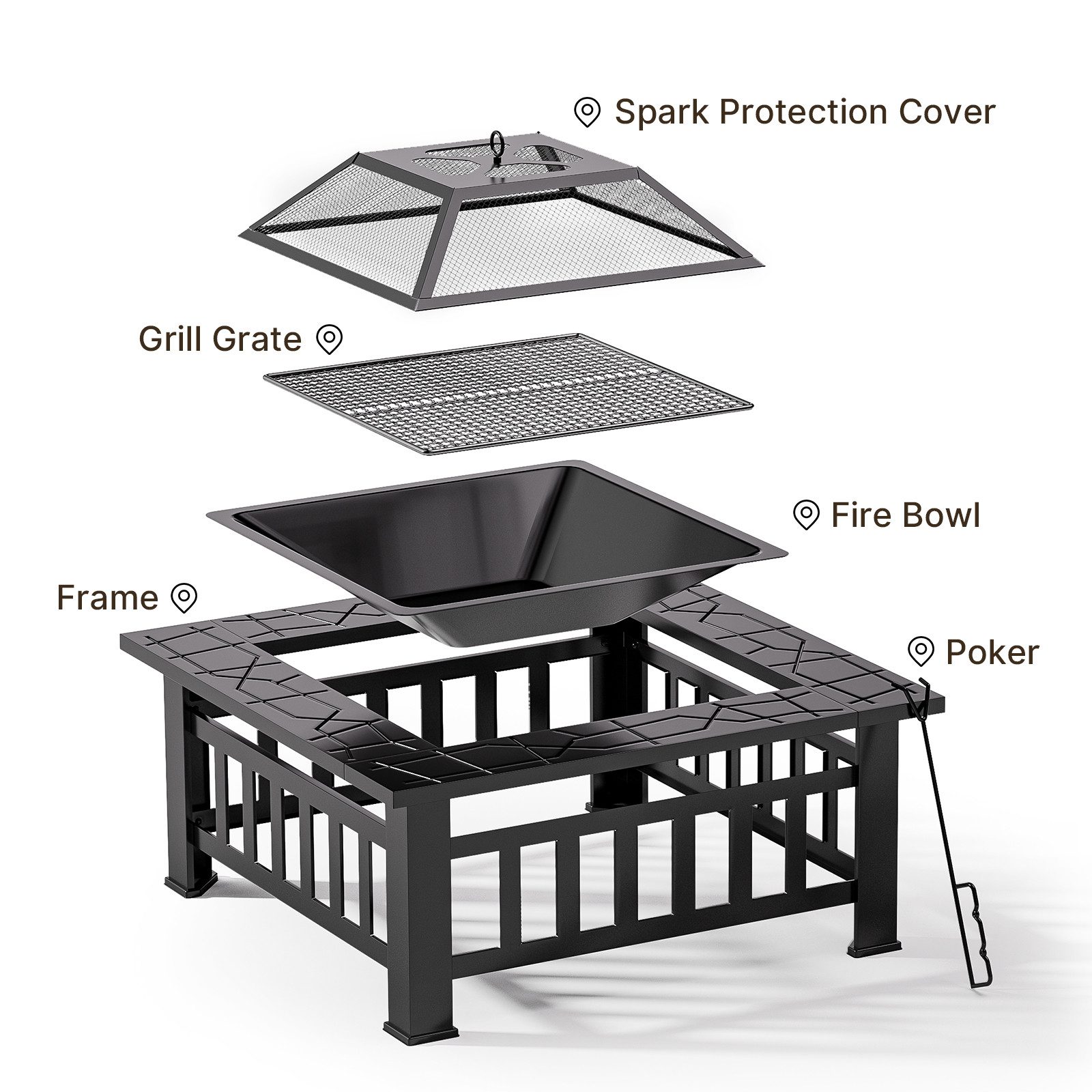 Bealife Fire Bowl, Charcoal Grill with Poker, 2-in-1 BBQ Grill, Fire Pit for Garden, Length x Width x Height: 81 x 81 x 35 cm