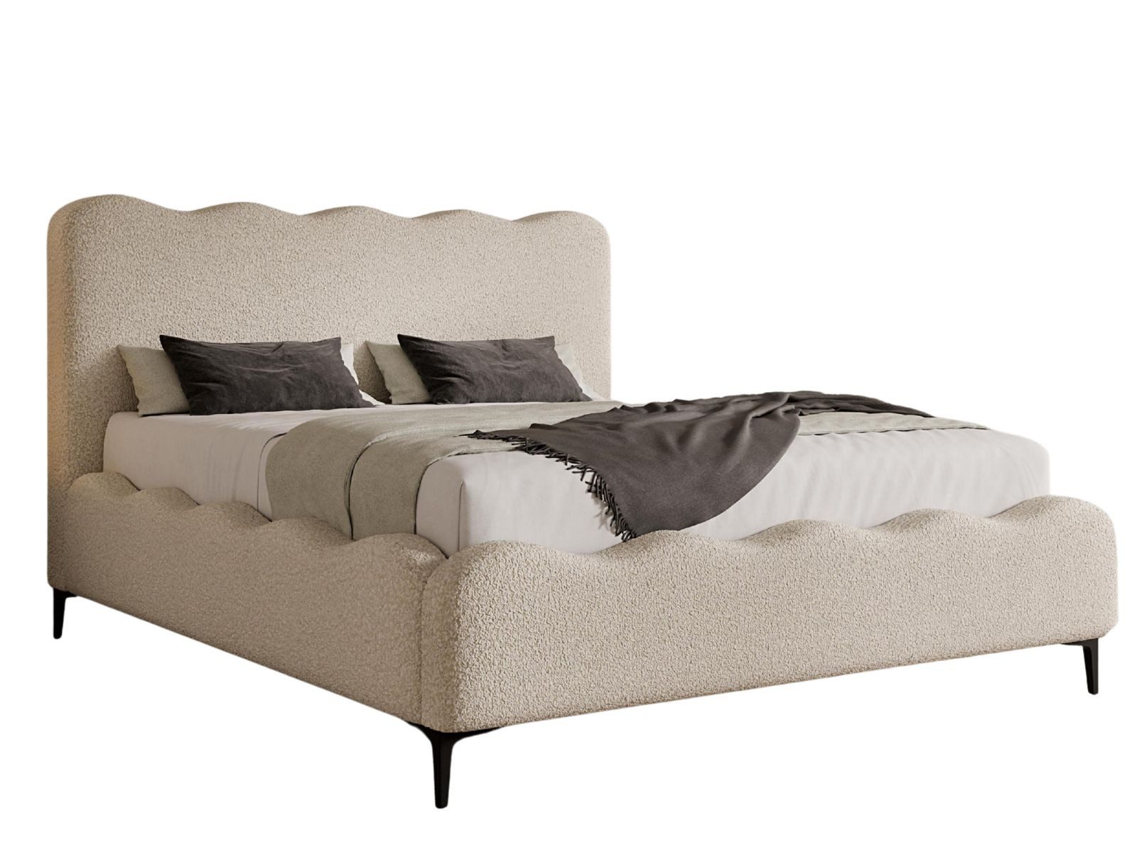 Compleo Polsterbett mit hohen Füßen, Designerbett, Bouclé-Stoff, Luxus Schlafzimmer, gepolstertes Doppelbett