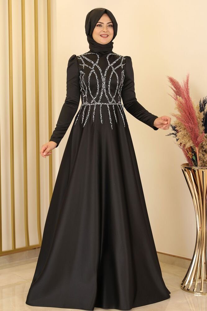 Modavitrini Satinkleid Damen Abendkleid Maxikleid Abiye Abaya mit Schmucksteinen Schmucksteine Schwarz