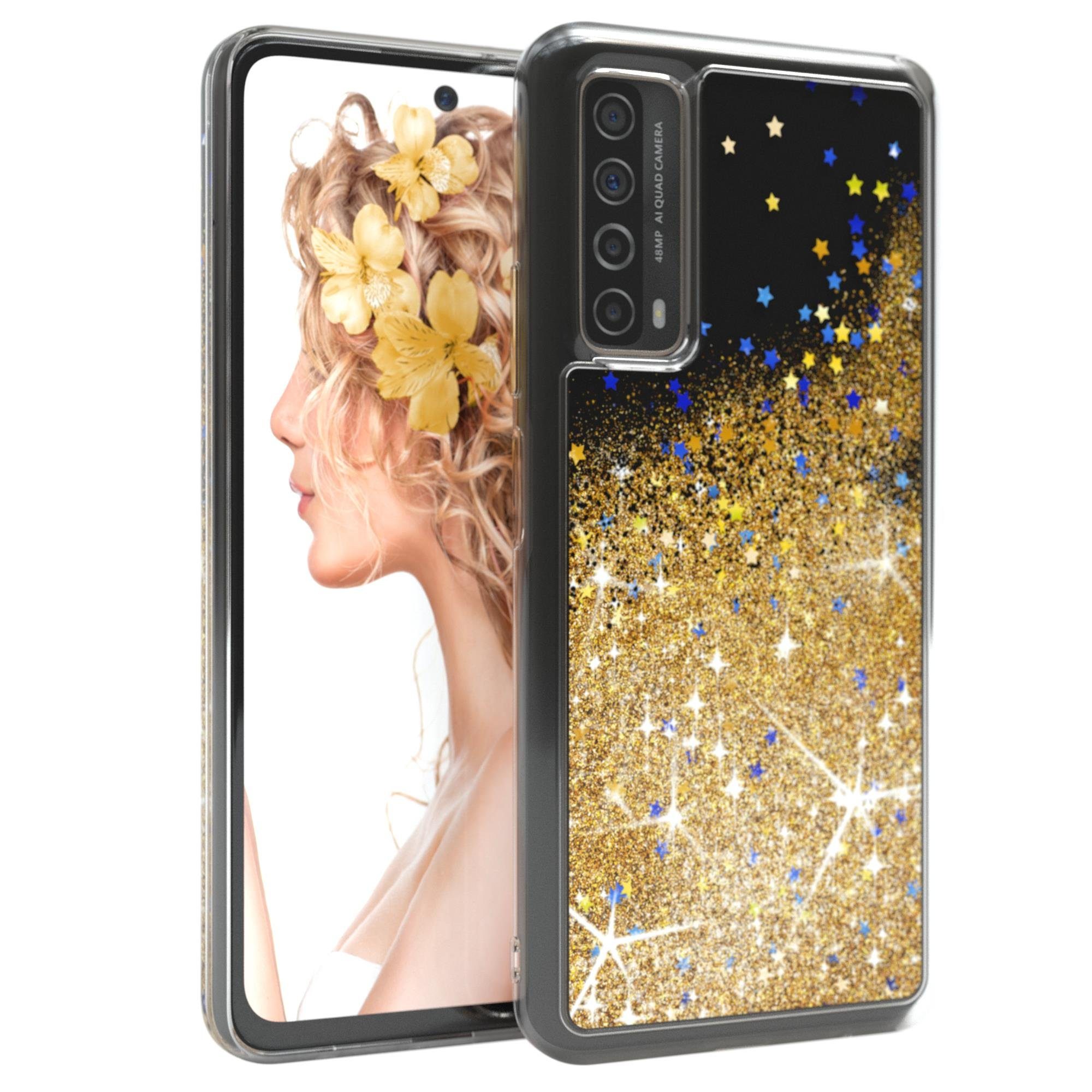 EAZY CASE Handyhülle Liquid Glittery Case für Huawei P Smart 2021 / Y7a 6,67 Zoll, Durchsichtig Back Case Handy Softcase Silikonhülle Glitzer Cover Gold