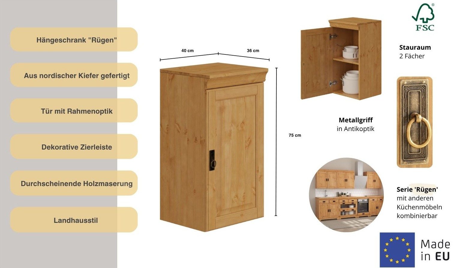 OTTO home Hängeschrank Rügen Breite 40 cm, FSC® zertifiziertes Massivholz, 1 Tür, 1 Einlegeboden