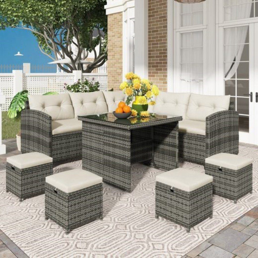 REDOM Gartenlounge-Set Garten Lounge Sofa Tisch Esstisch Outdoor  Sitzgruppe, (Relaxfunktion mit 4 Ottomanen Korbgeflecht, 8-tlg., Allwetter- Rattan-Sofa mit Esstisch und Stuhl)