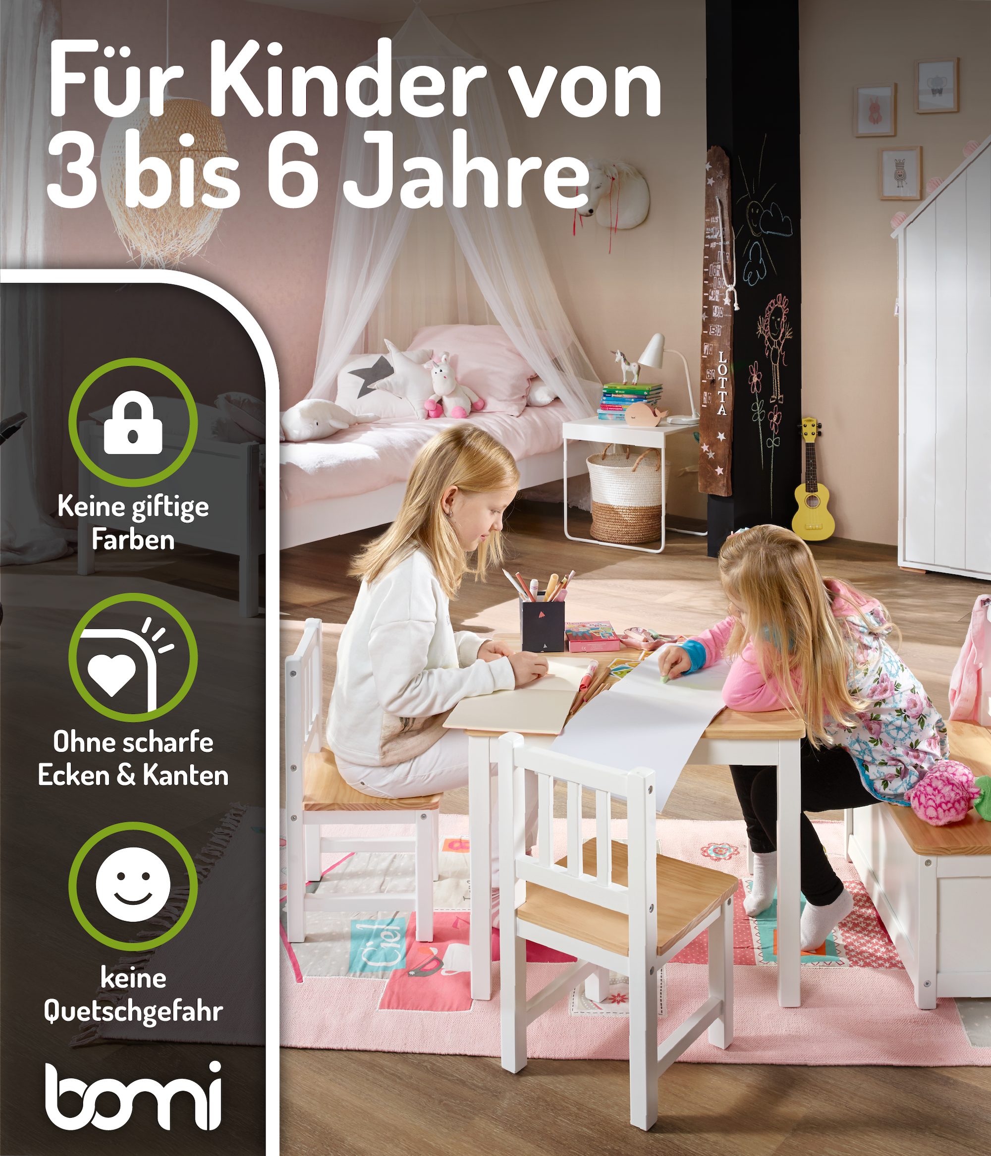BOMI Kindersitzgruppe Holzsitzgruppe Anna, (Set, 4-tlg., 1x Tisch, 1x Truhenbank & 2x Stühle), Kindertischgruppe aus Holz, als Spiel- & Maltisch