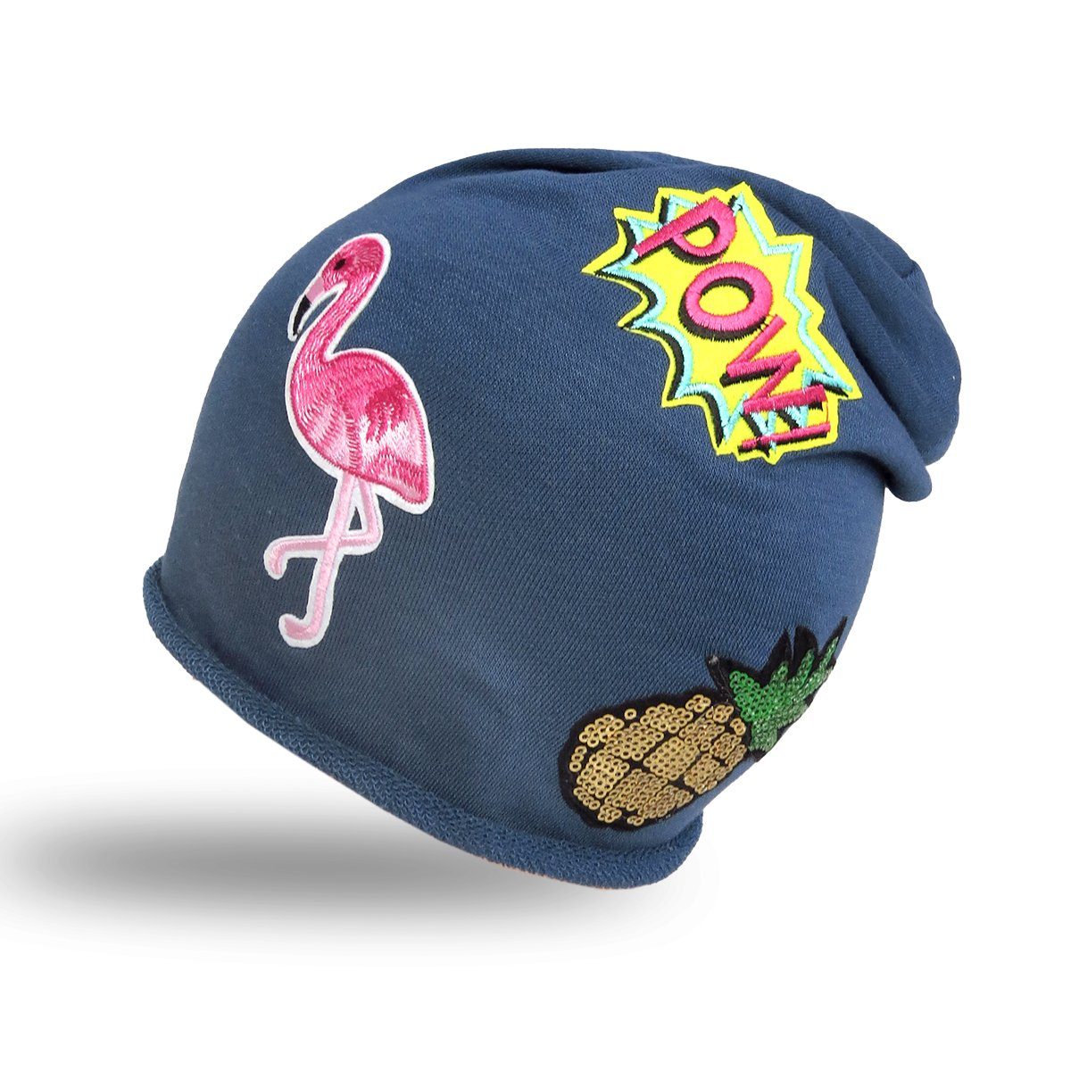 Sonia Originelli Beanie Beanie Mütze Kind Patch Aufnäher Flamingo Ananas Pow trend Baumwolle Onesize, Patchapplikationen marine | Beanies