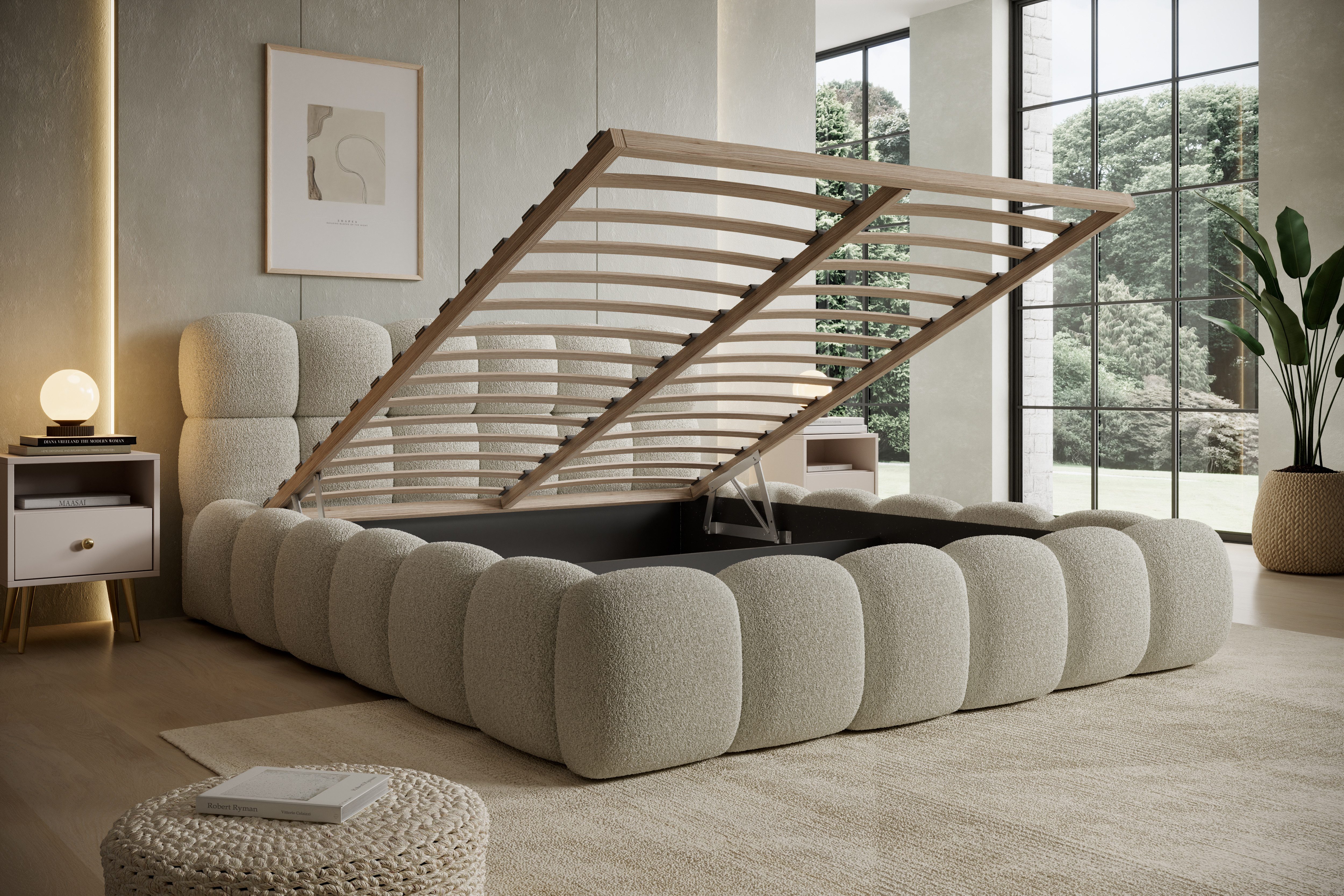 thematys Polsterbett mit Bettkasten 140x200–200x200 cm – Velours oder Bouclé Bezug – (Polsterbett in den Varianten Bouclé (Fredo), Velours (Velutto) - Wolkenbett mit XXL Kopfteil), Wolkenbett mit XXL Kopfteil)