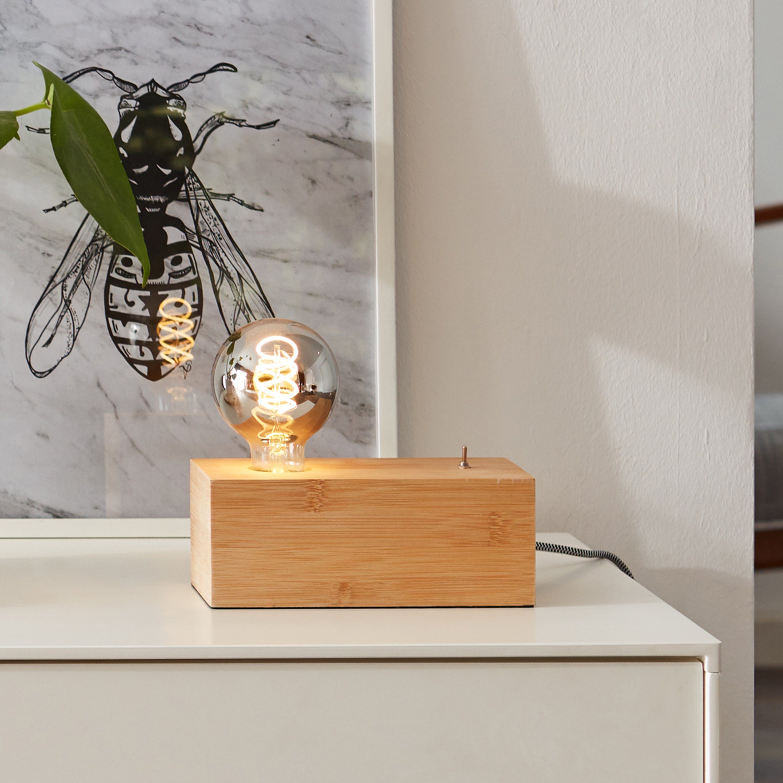 Lightbox Tischleuchte, ohne Leuchtmittel, Tischlampe, Schalter, 8 x 20x 10 cm Höhe, E27, max. 40 W, Bambus/Holz