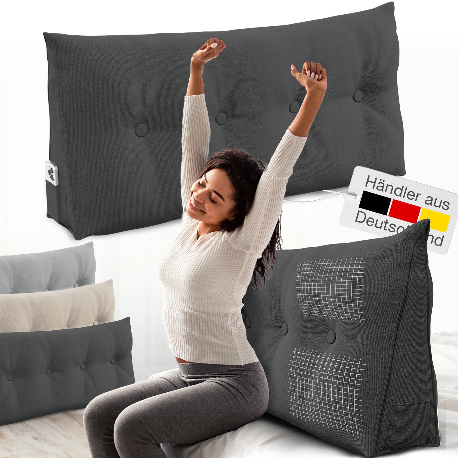 ELONEO Rückenkissen Keilkissen für Bett und Sofa, Lesekissen mit praktischem Seitenfach, 1-tlg., mit praktischem Seitenfach, Lesekissen, mit waschbarem Bezug