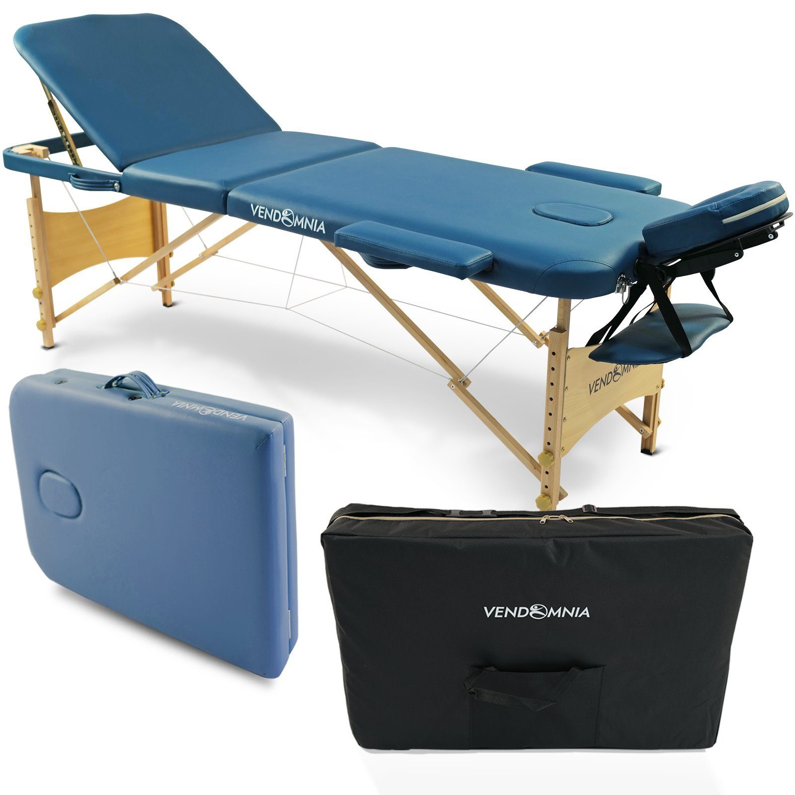 VENDOMNIA Massageliege Mobile Massageliege - Holzfüße mit 3 Zonen (Klappbar Massagetisch Massagebett Massagebank Behandlungsliege, Farbwahl), inkl. hochwertiger Kopfstütze Tasche Armlehnen