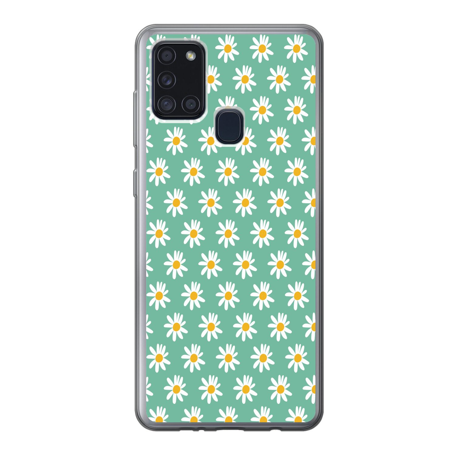 MuchoWow Handyhülle für Samsung Galaxy A21s Gänseblümchen - Muster - Grün - Blumen, Smartphone-Bumper, Print, Handy Schutzhülle Dünn