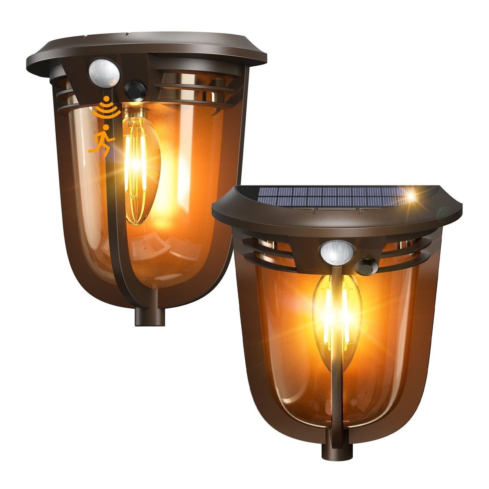 Elegear Außen-Wandleuchte 2 Stück Solarleuchte mit Bewegungsmelder, LED Gartenleuchten, Außenbeleuchtung, LED wechselbar, Warmweiß, Solar Wandleuchte für Wand, Flur & Garten, IP54 wasserdicht