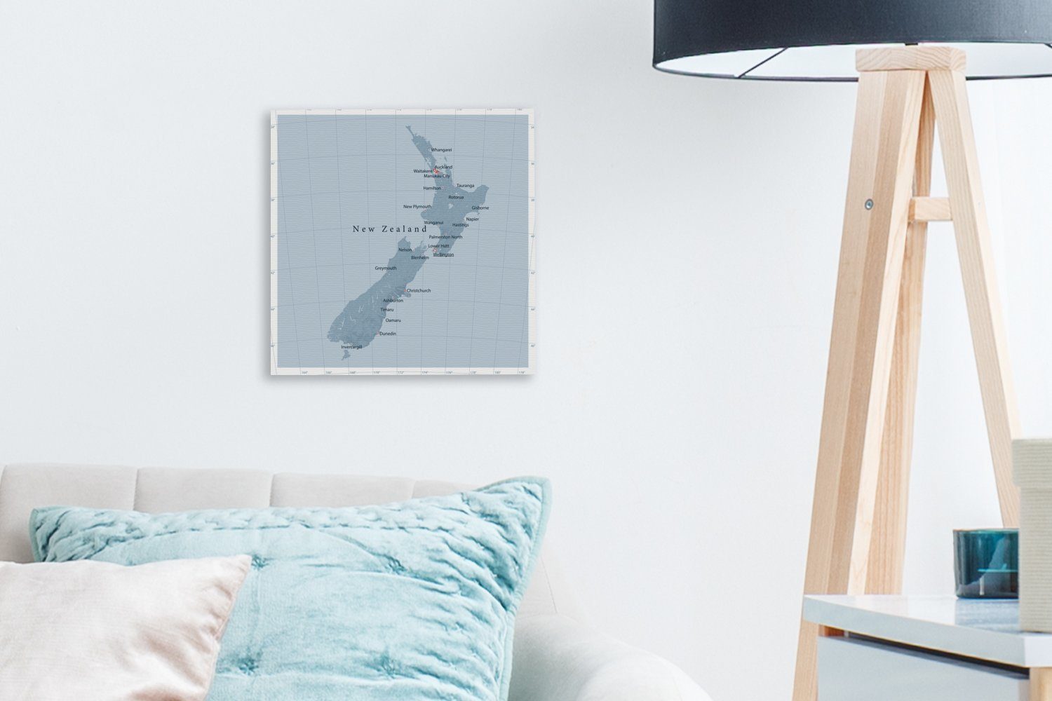 einer Neuseeland, Leinwand hellblauen Illustration Eine Karte OneMillionCanvasses® für Bilder (1 Wohnzimmer Schlafzimmer von Leinwandbild St),