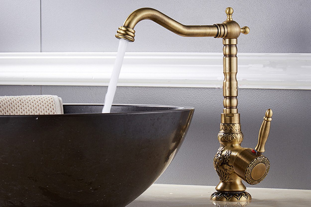 Kinaree Badarmatur Retro Wasserhahn BAC LIEU Bad Waschtischarmatur für Aufsatzbecken Messing, Ornamente, Armatur