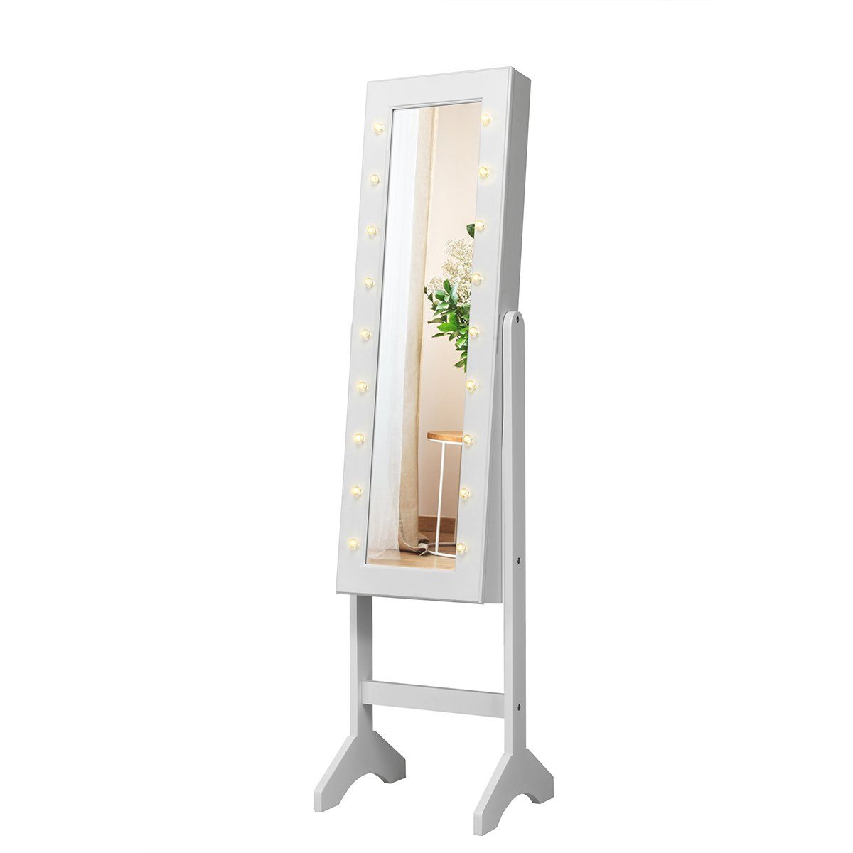 COSTWAY Schmuckschrank stehend, mit Spiegel, Weiß neigbar, 35×31,5x145cm LED und